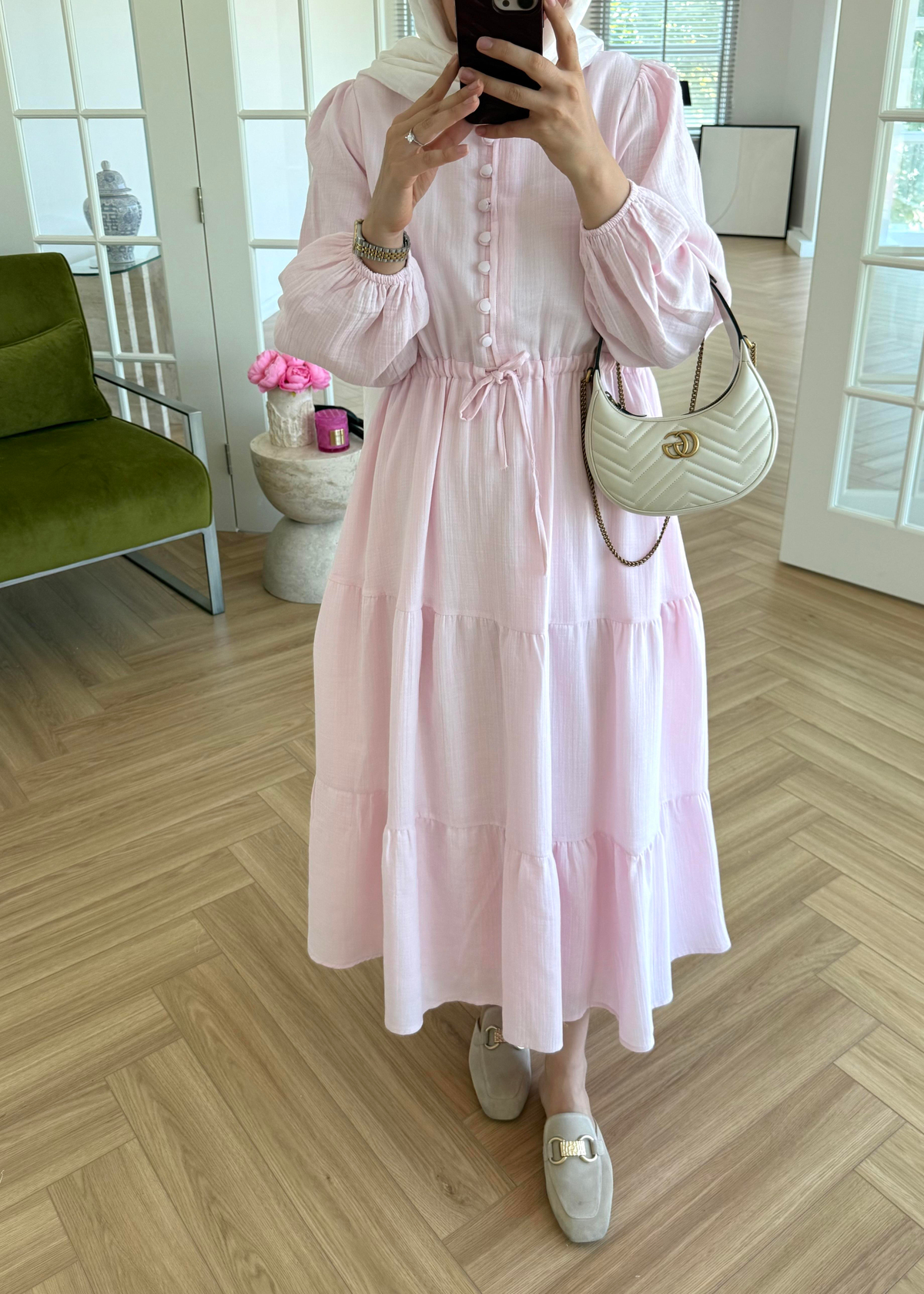 Brid Düğmeli Müslin Elbise Pembe 
