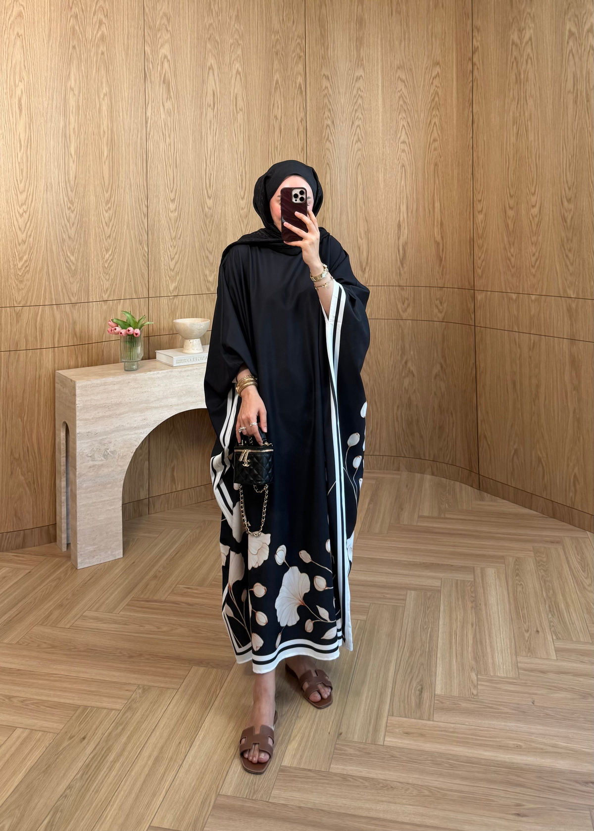 Çiçekli Kaftan Elbise Siyah