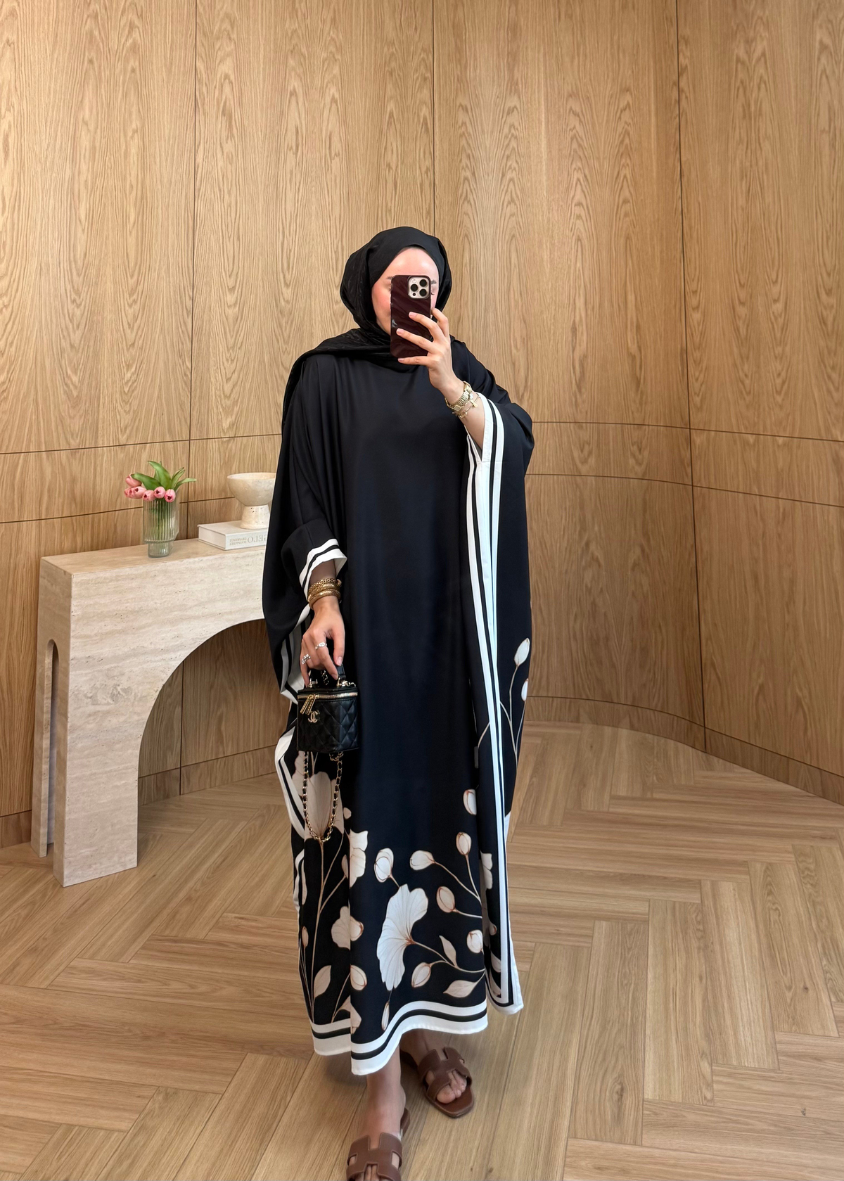 Çiçekli Kaftan Elbise Siyah