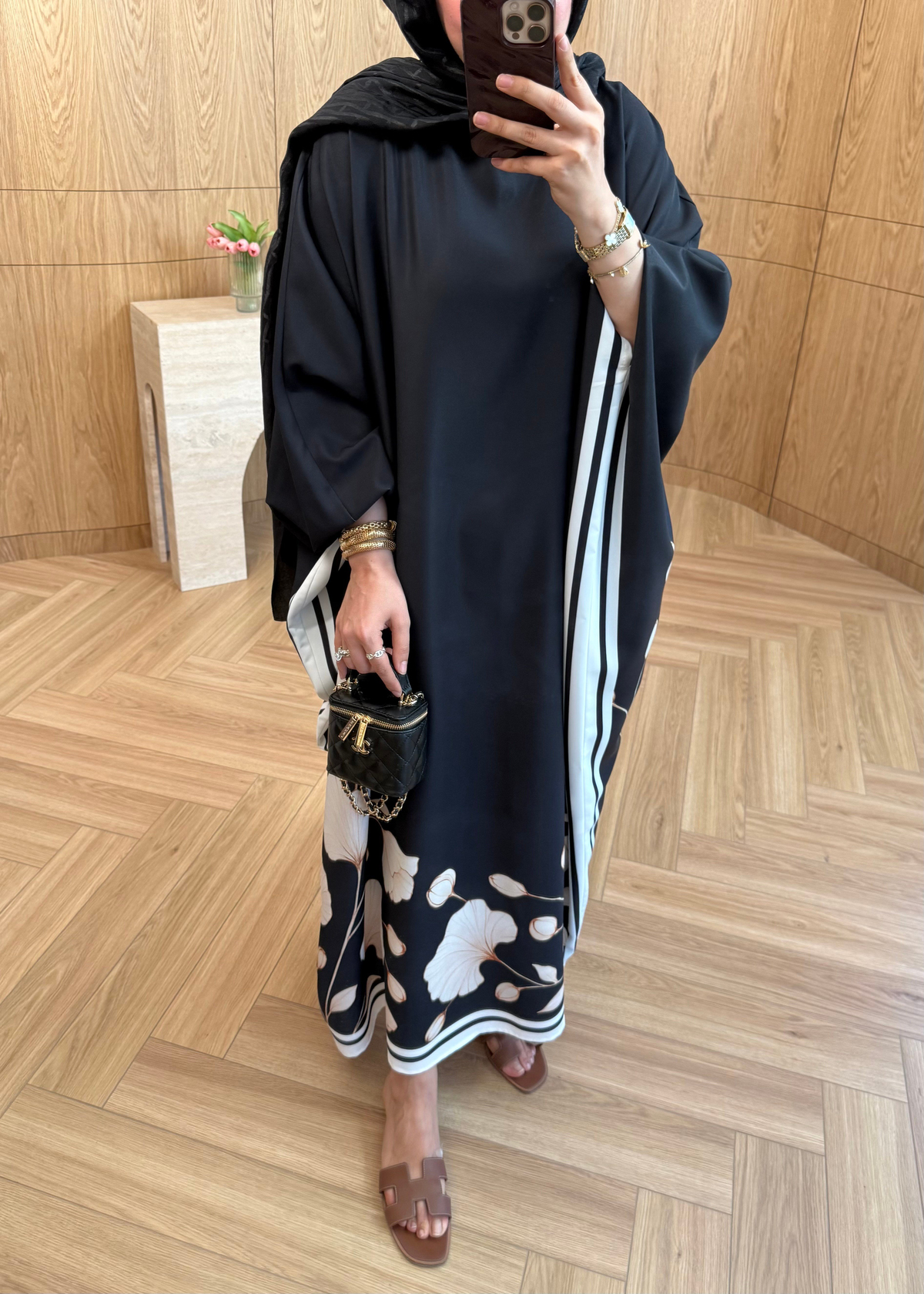 Çiçekli Kaftan Elbise Siyah
