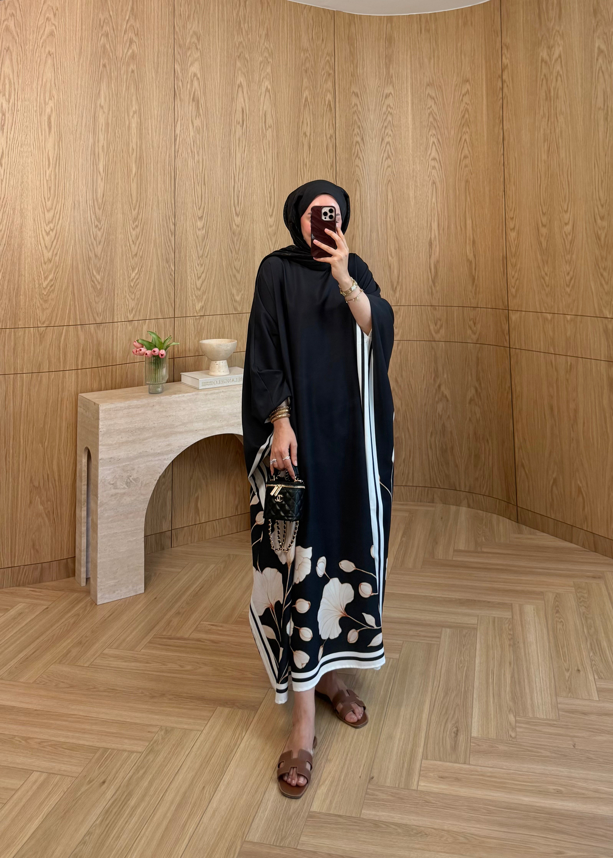 Çiçekli Kaftan Elbise Siyah