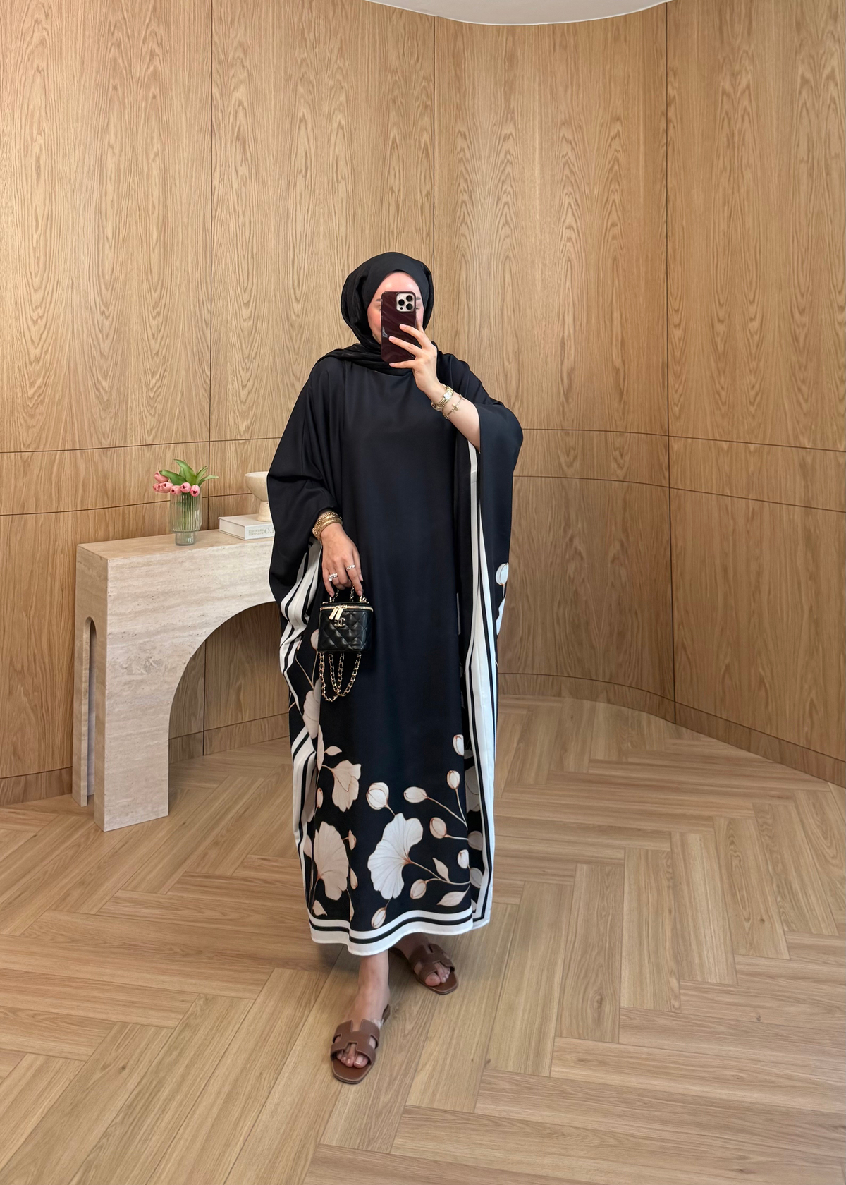 Çiçekli Kaftan Elbise Siyah