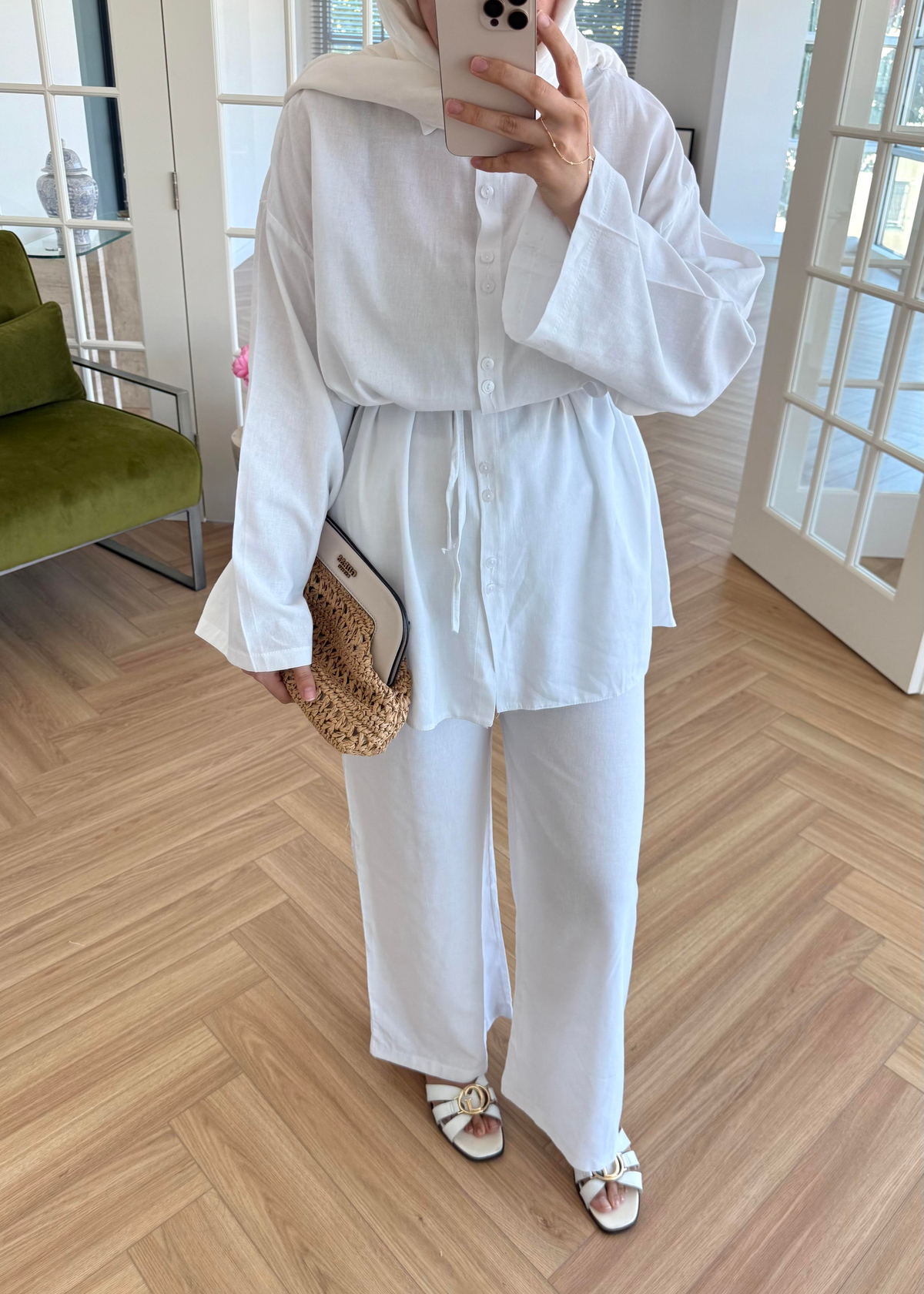 Çift Düğmeli Keten Takım Ekru