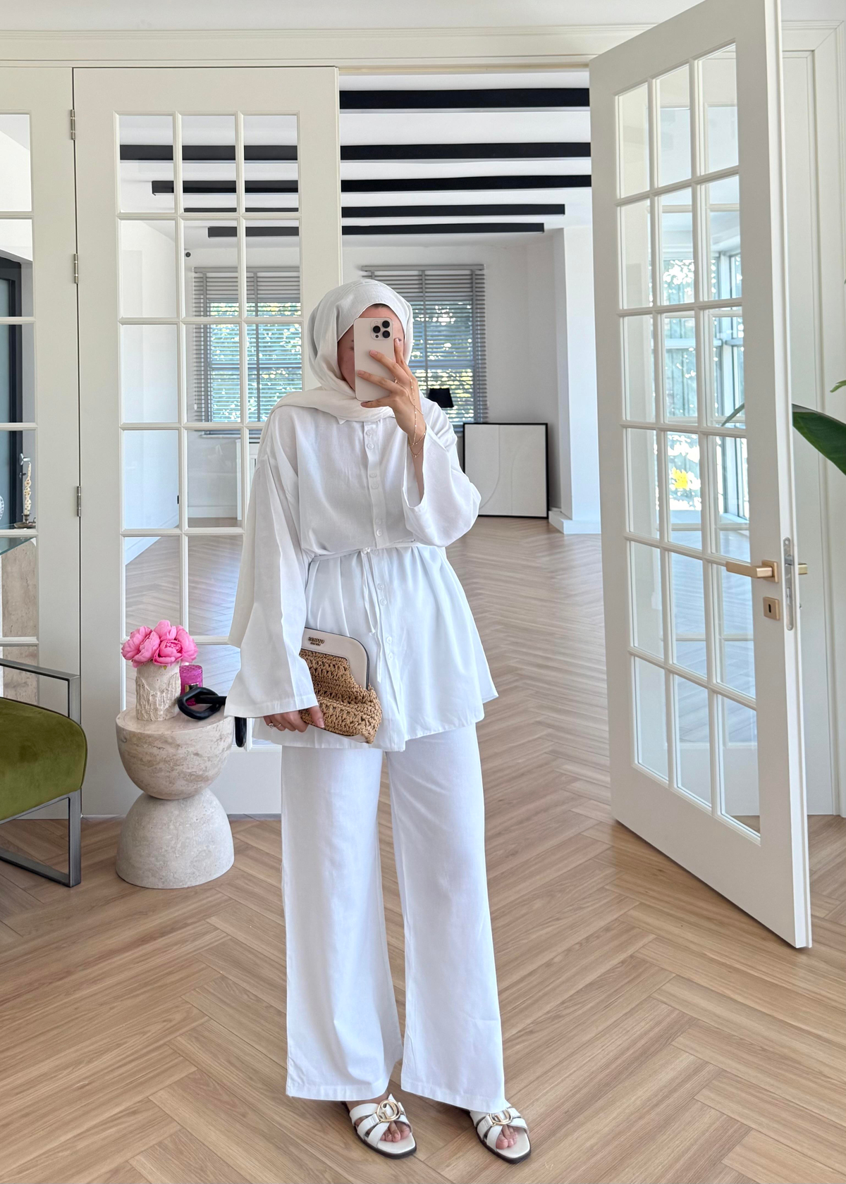 Çift Düğmeli Keten Takım Ekru