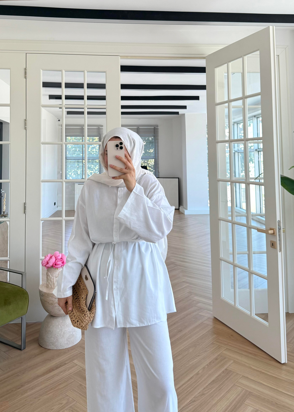 Çift Düğmeli Keten Takım Ekru