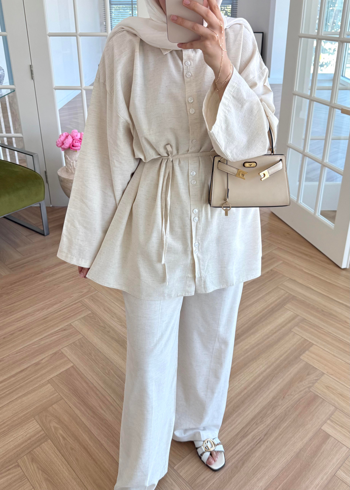 Çift Düğmeli Keten Takım Taş