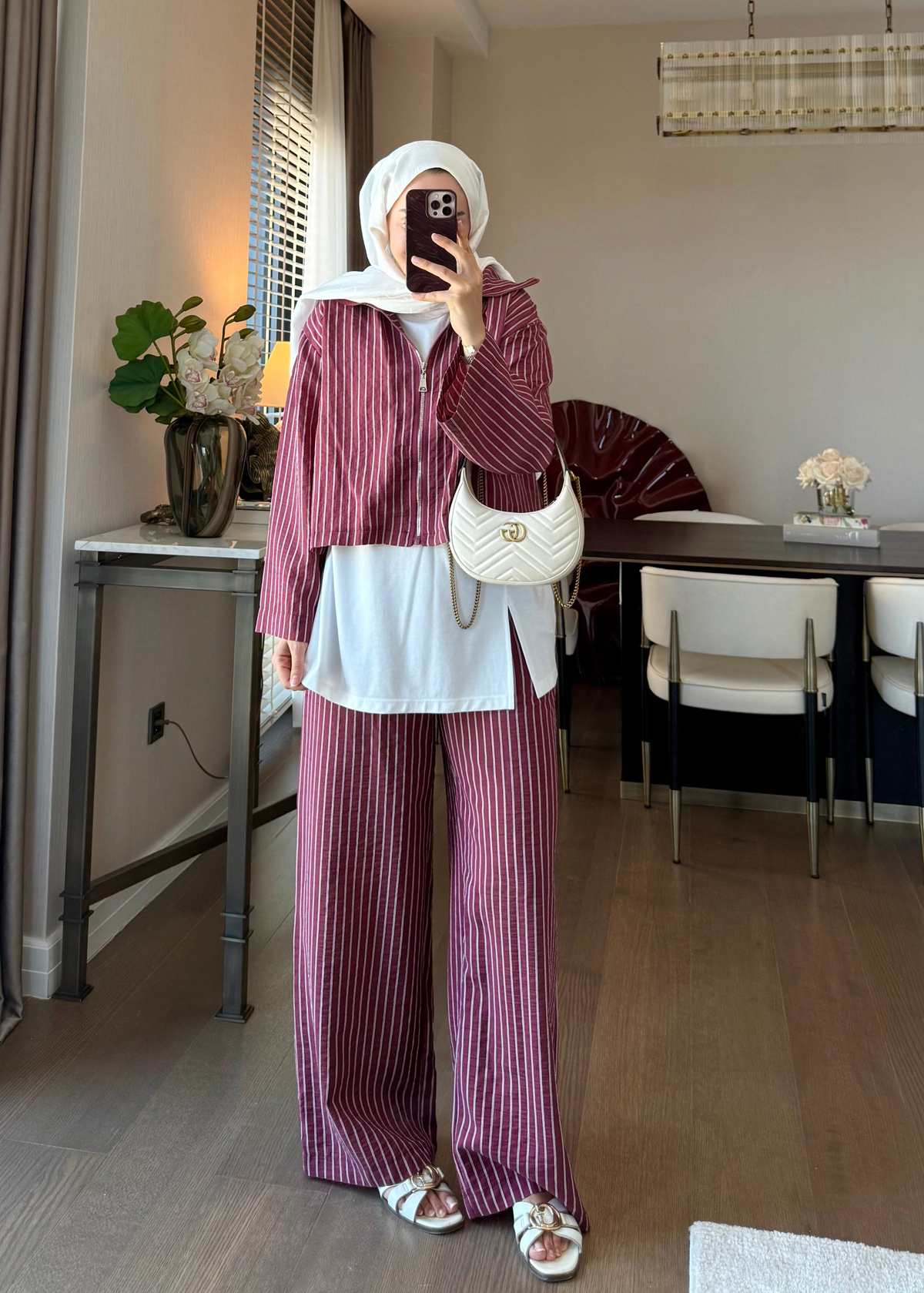Çizgili İkili Takım Bordo