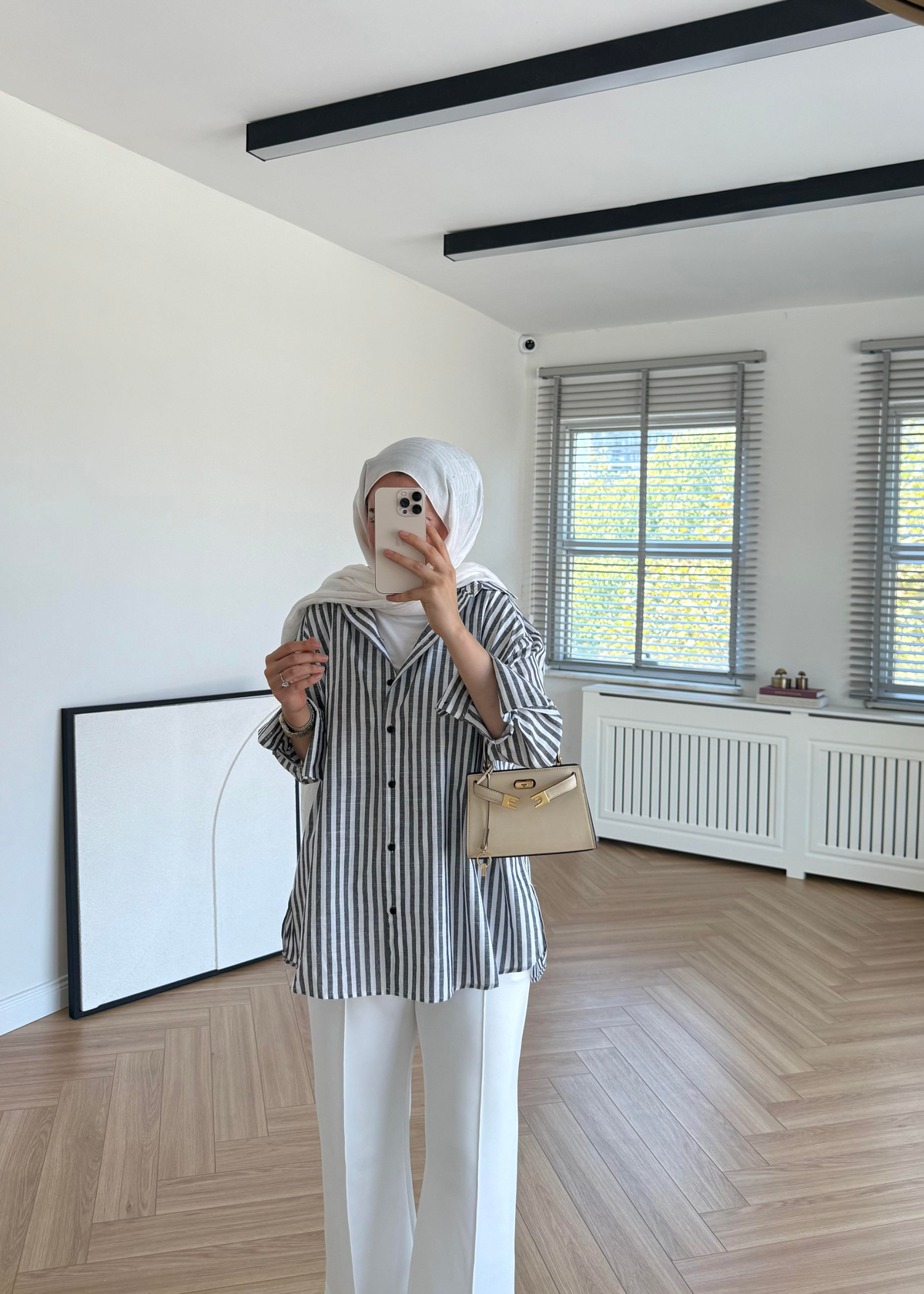 Çizgili Keten Gömlek Siyah