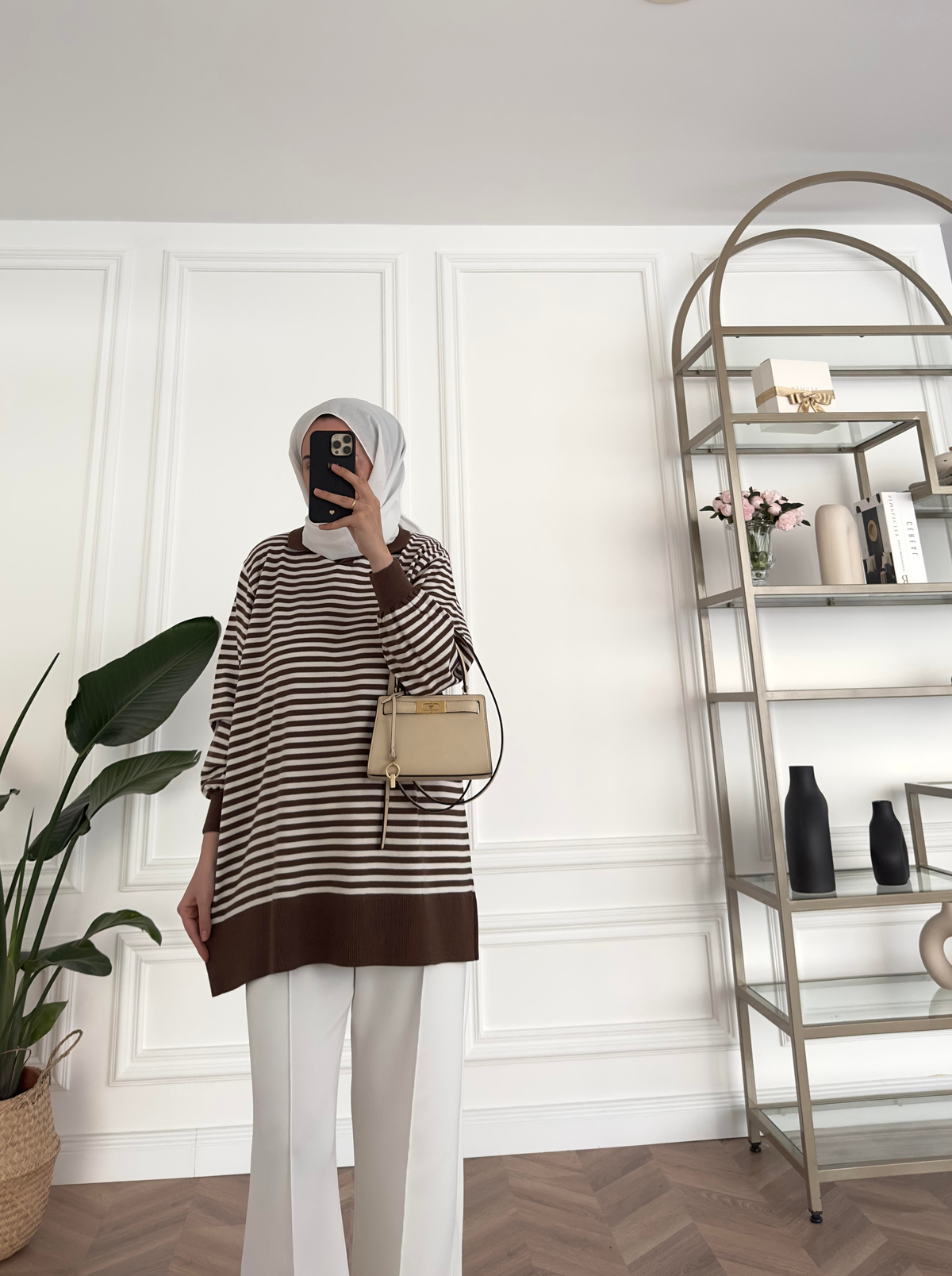 Çizgili Oversize Triko Kazak Kahve