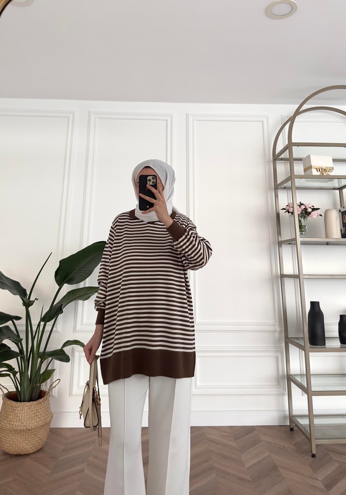 Çizgili Oversize Triko Kazak Kahve