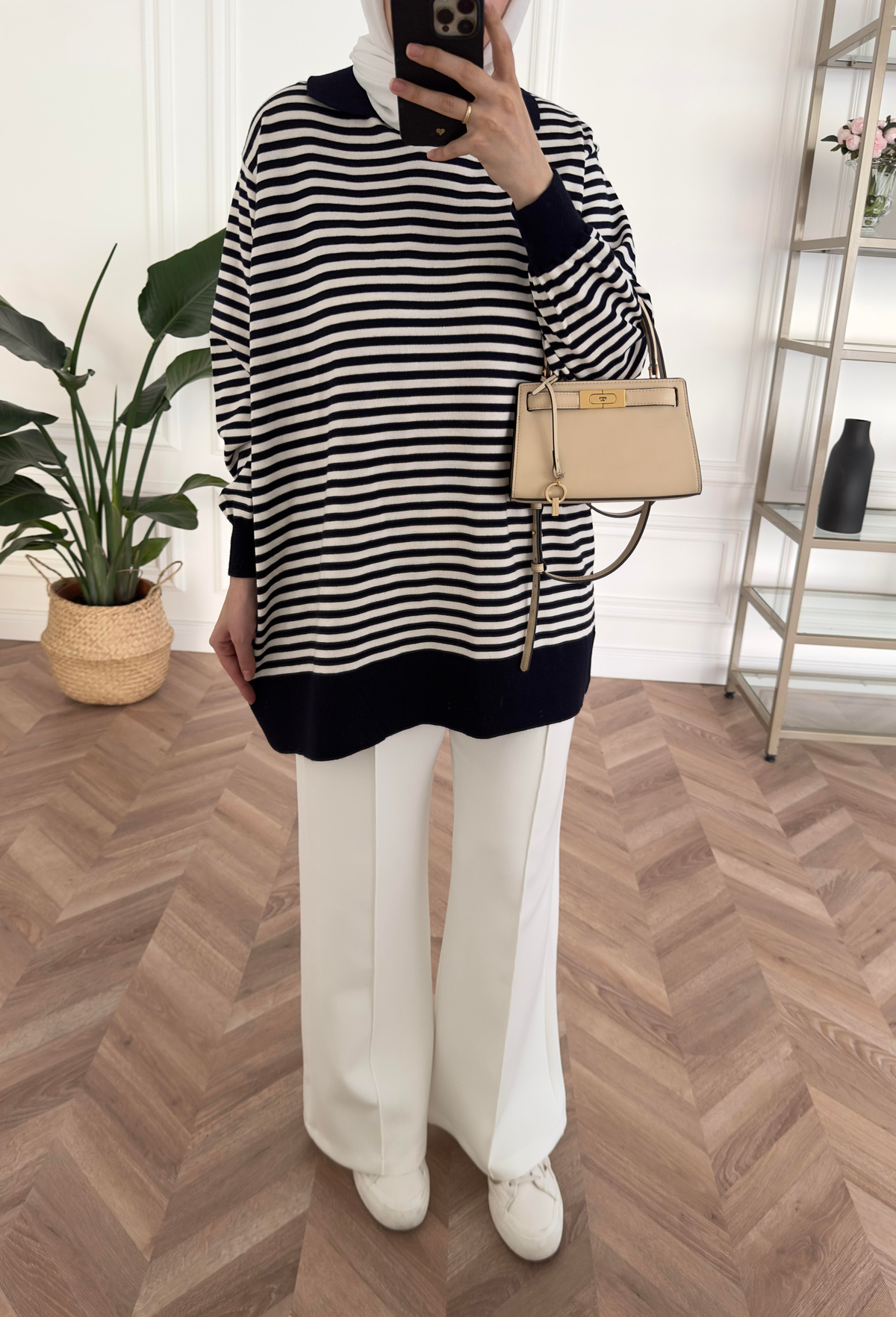 Çizgili Oversize Triko Kazak Lacivert