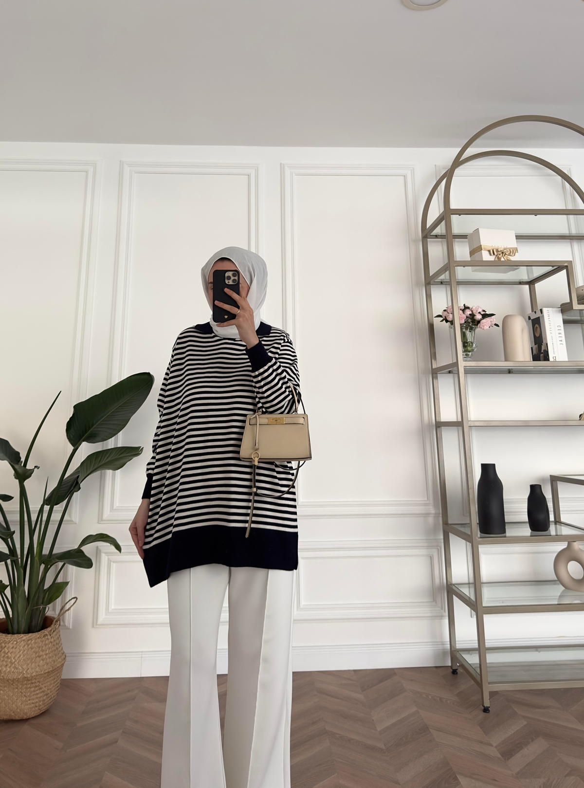 Çizgili Oversize Triko Kazak Lacivert