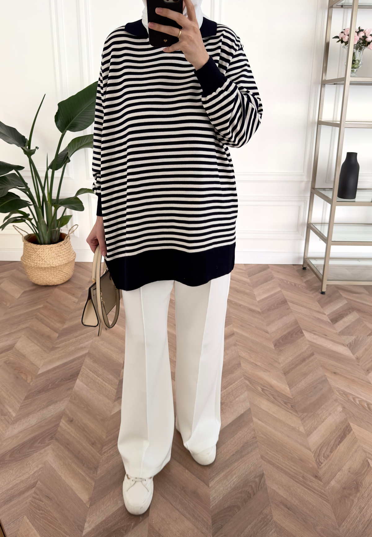 Çizgili Oversize Triko Kazak Lacivert