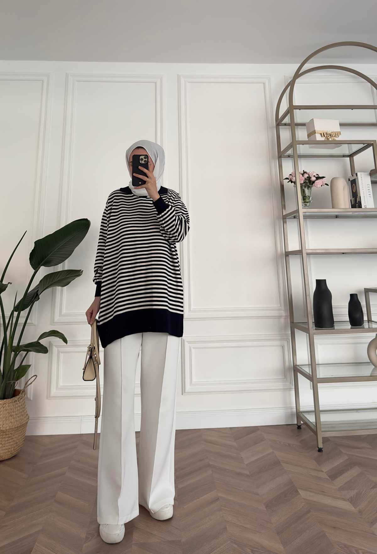 Çizgili Oversize Triko Kazak Lacivert