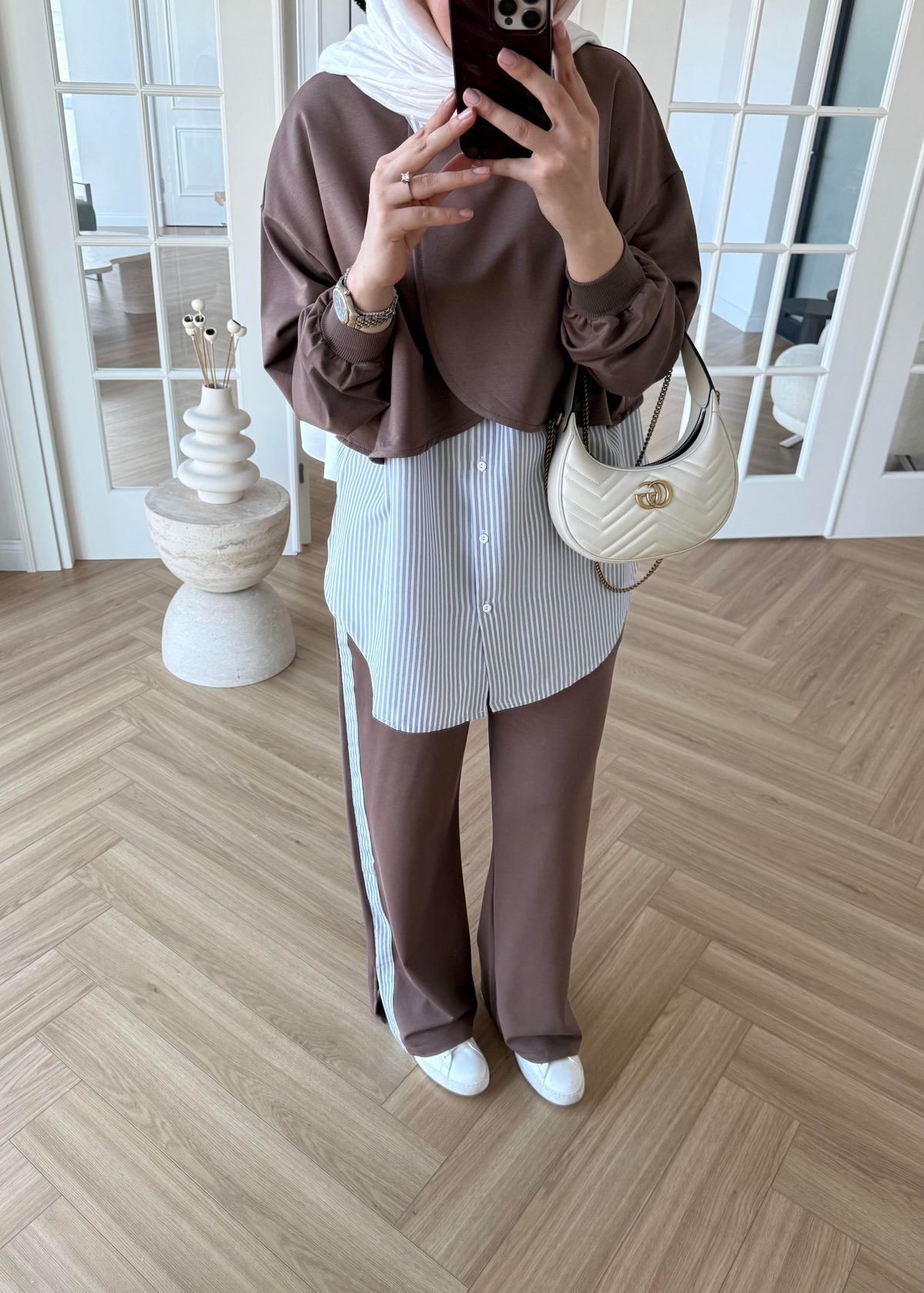 Çizgili Poplin Takım Kahverengi