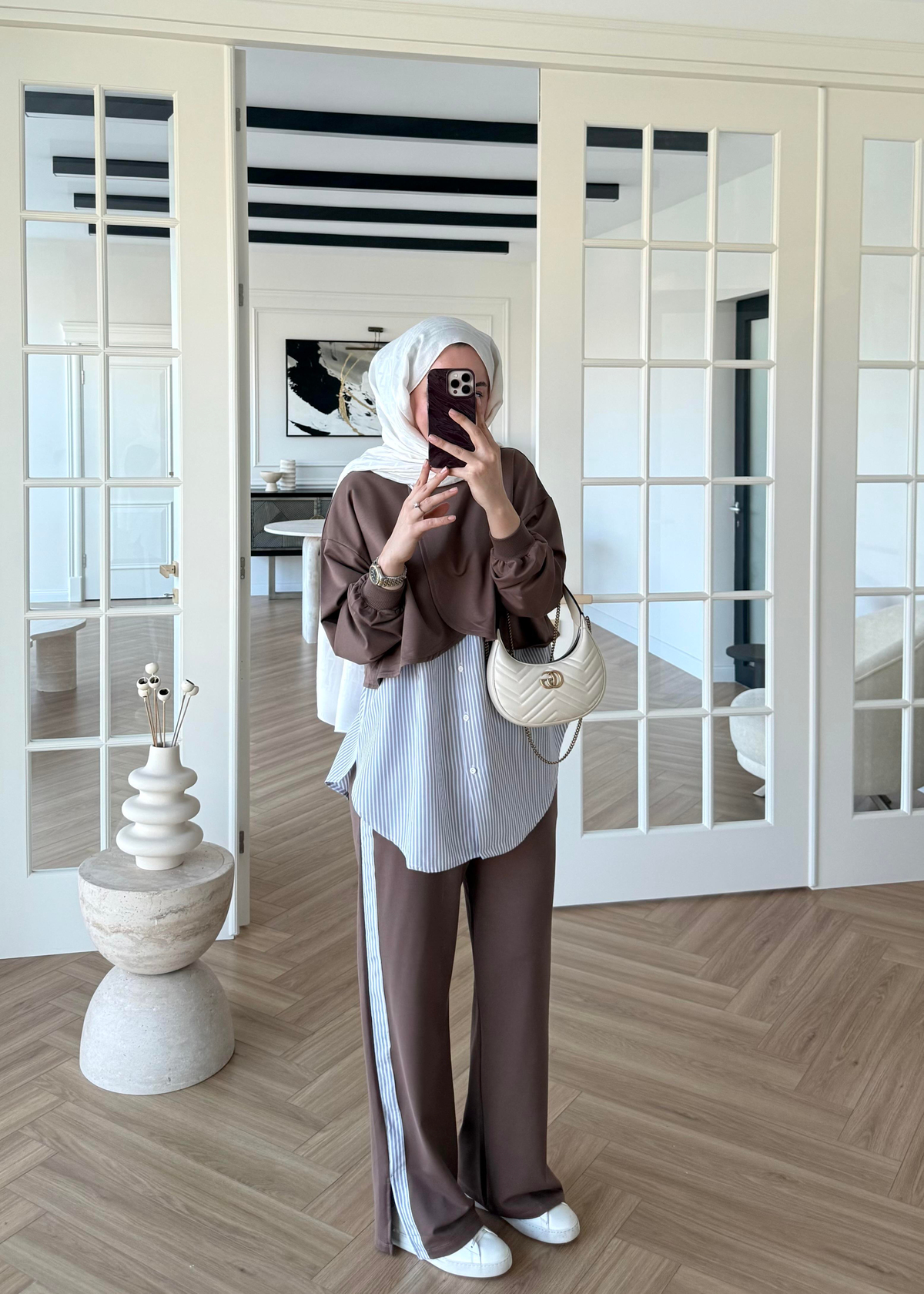 Çizgili Poplin Takım Kahverengi