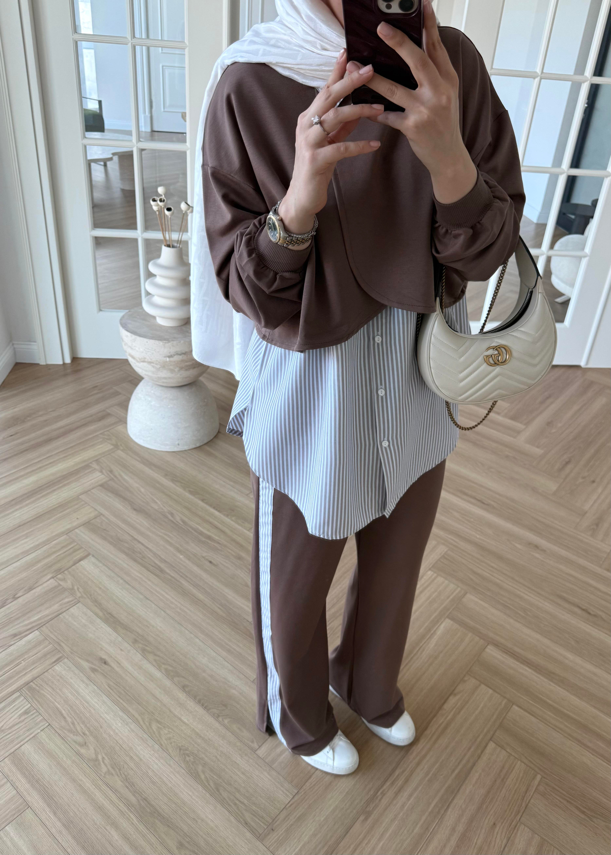 Çizgili Poplin Takım Kahverengi