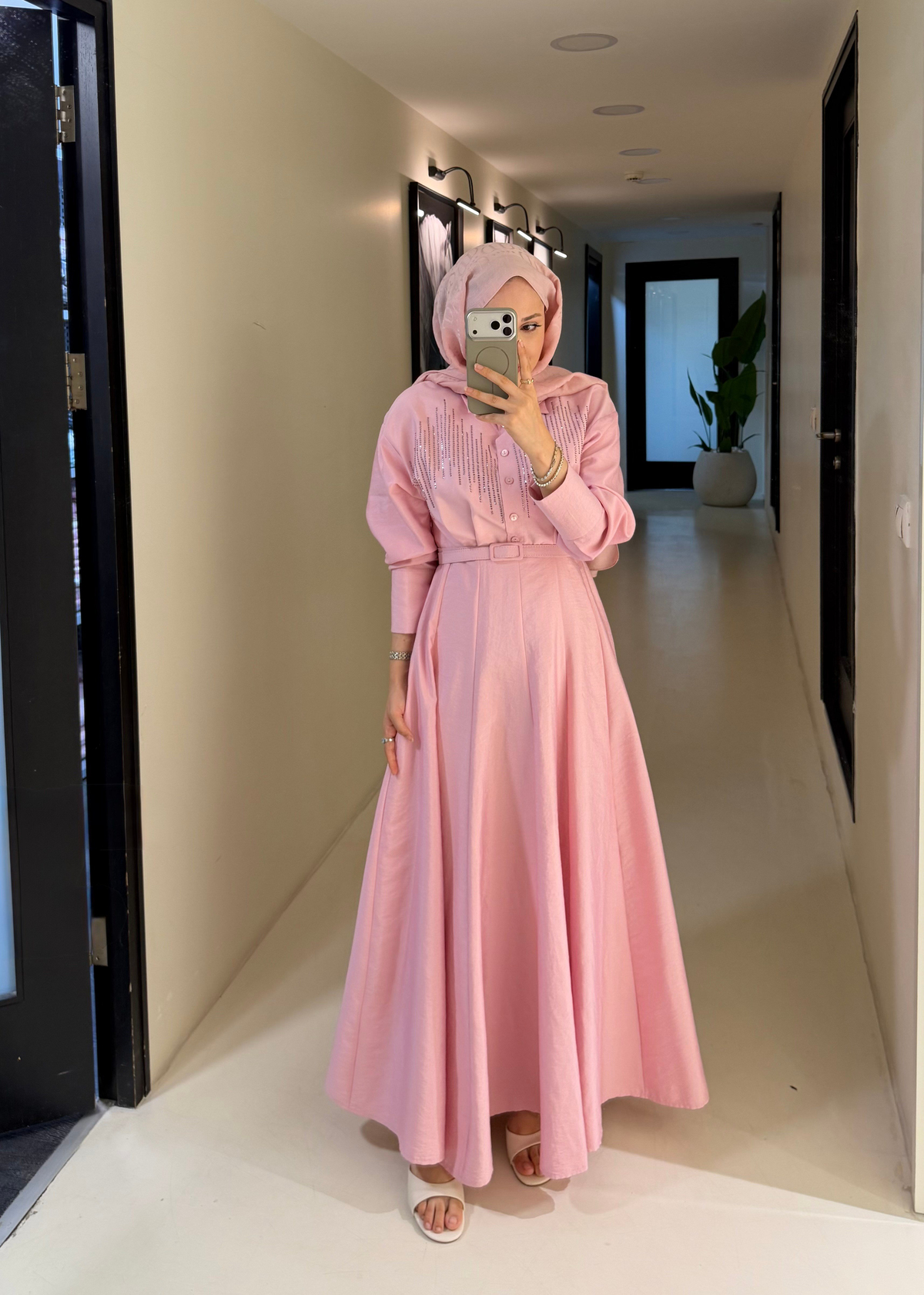 Cupra Tensel Taş İşlemeli Elbise Pembe