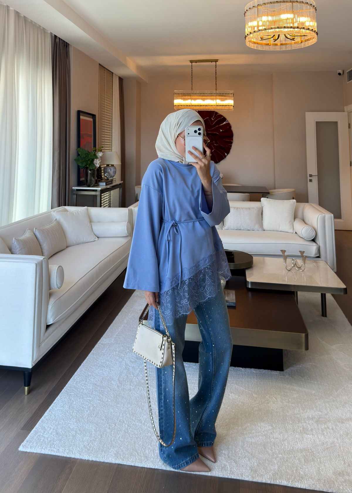 Dantel Aplikeli Taşlı Jean Pantolon