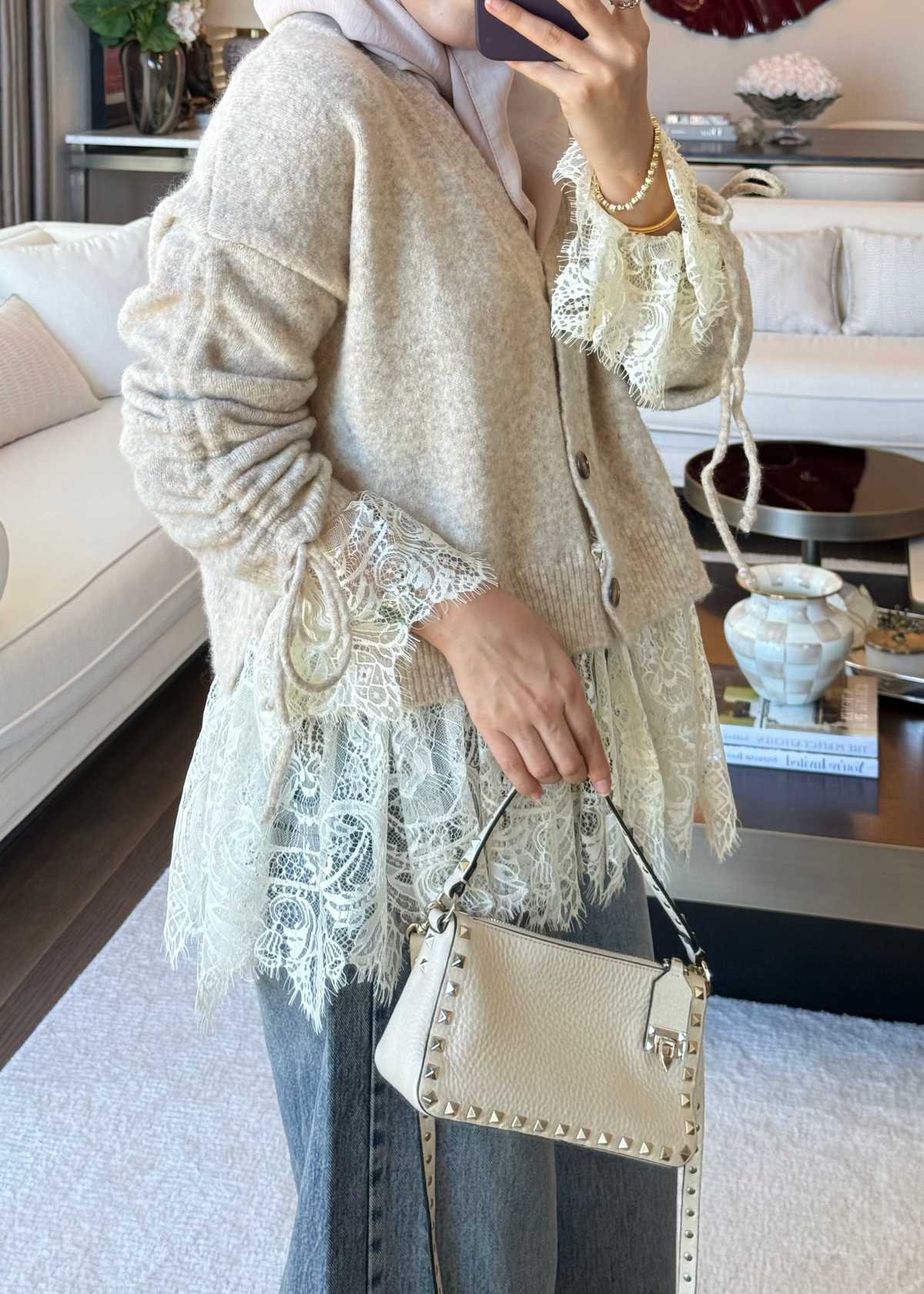 Dantel Detaylı V yaka Triko Hırka Camel