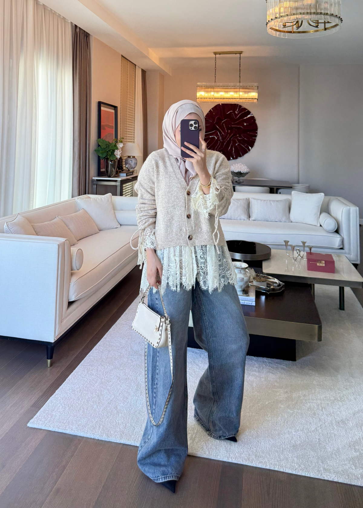 Dantel Detaylı V yaka Triko Hırka Camel