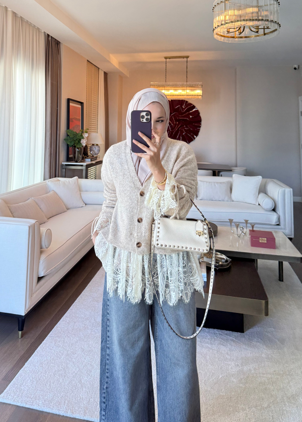 Dantel Detaylı V yaka Triko Hırka Camel