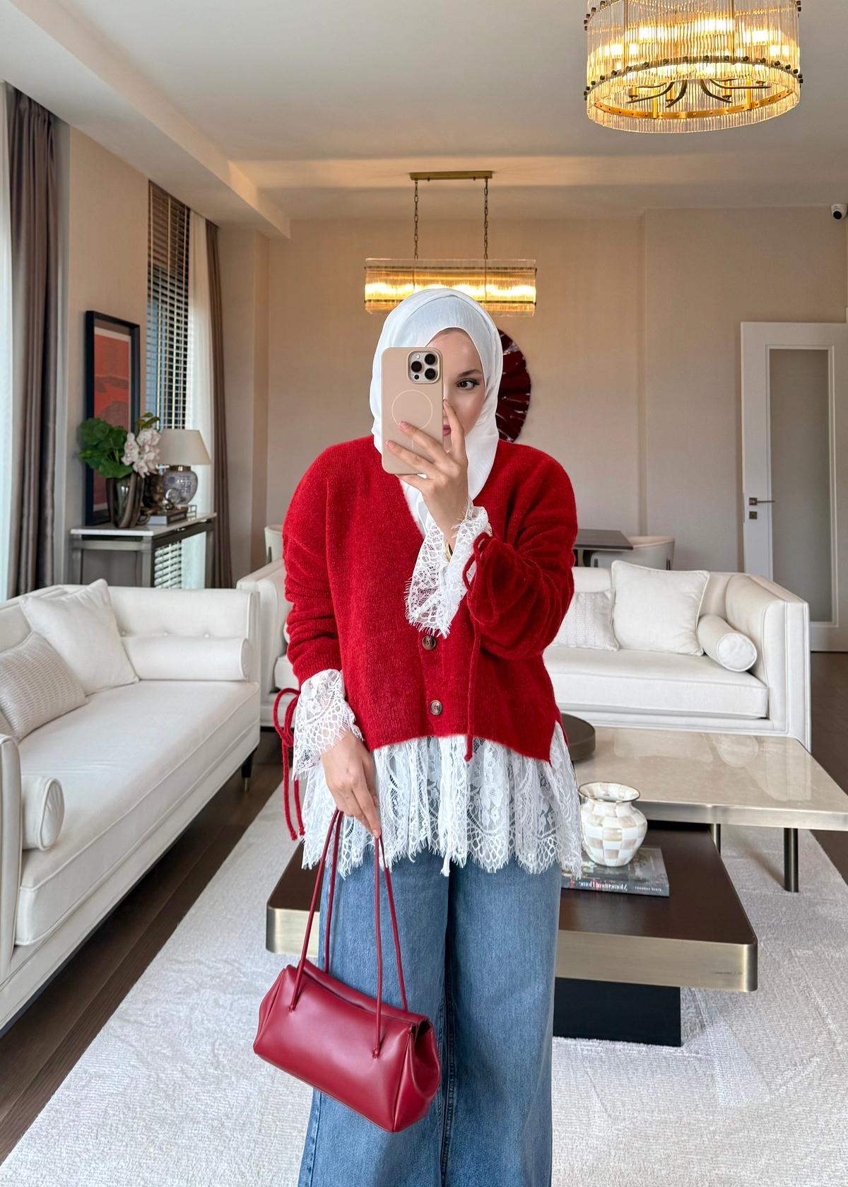 Dantel Detaylı V yaka Triko Kırmızı