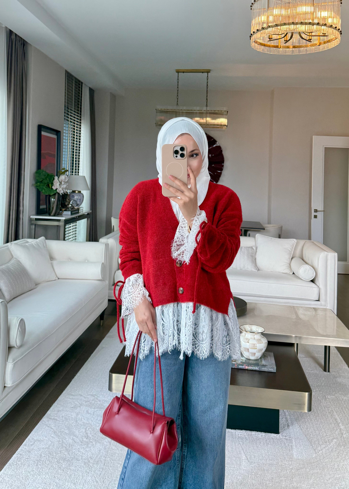 Dantel Detaylı V yaka Triko Kırmızı