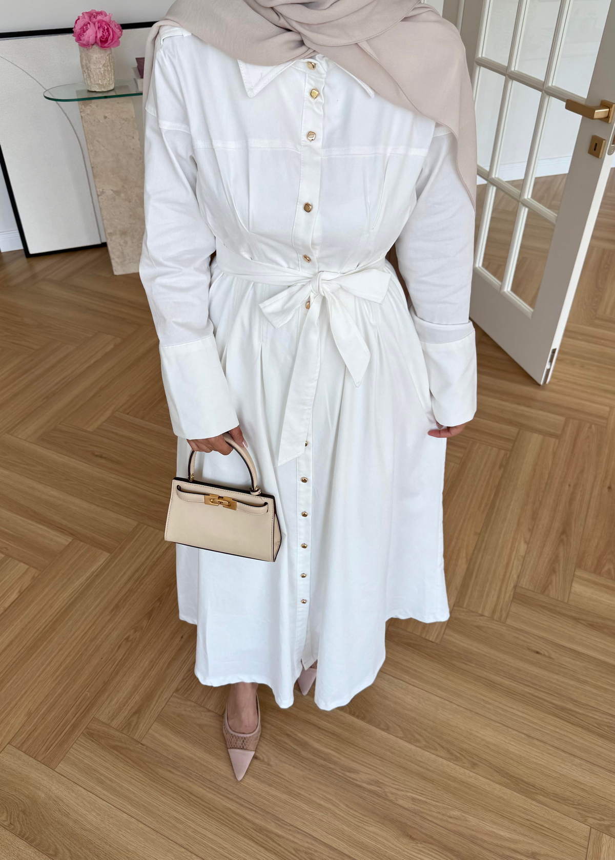 Dean Gold Düğmeli Elbise Ekru