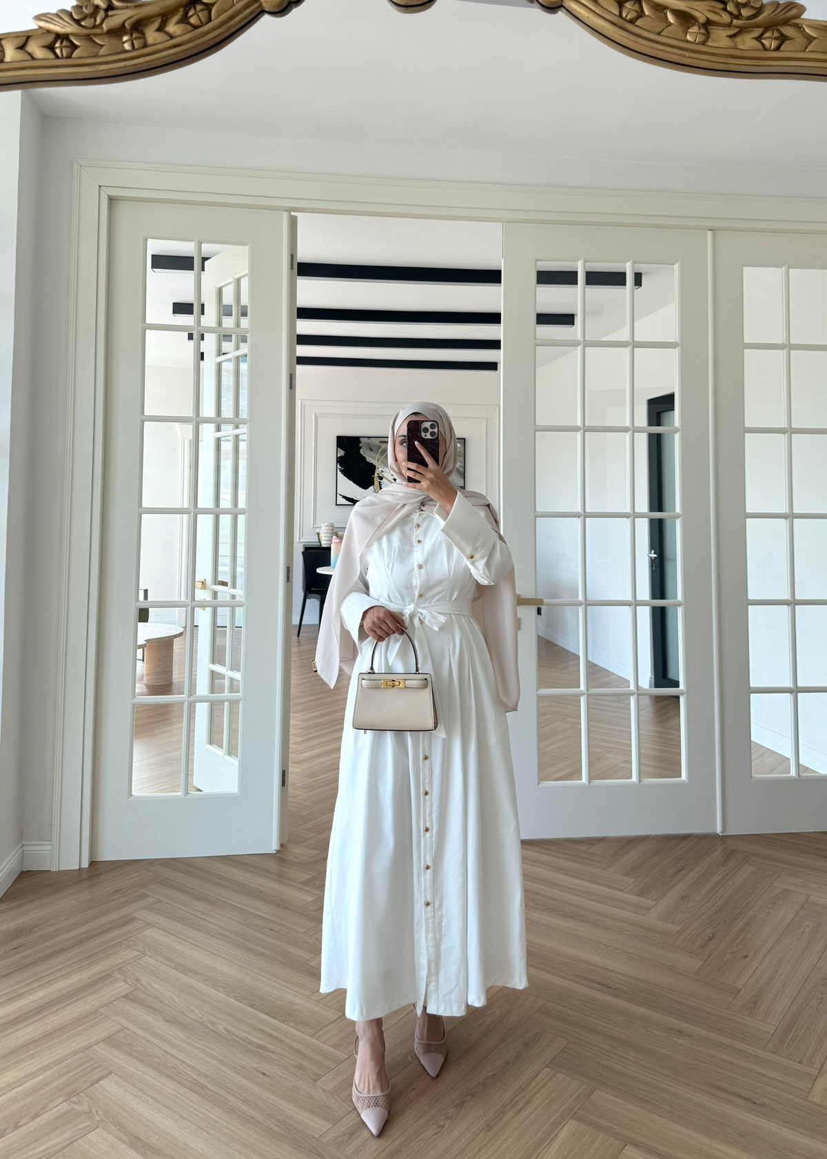 Dean Gold Düğmeli Elbise Ekru