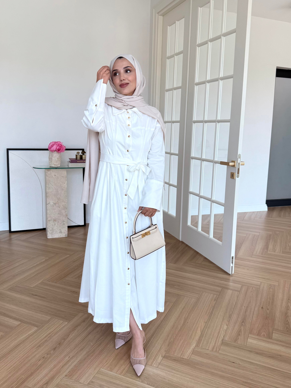 Dean Gold Düğmeli Elbise Ekru