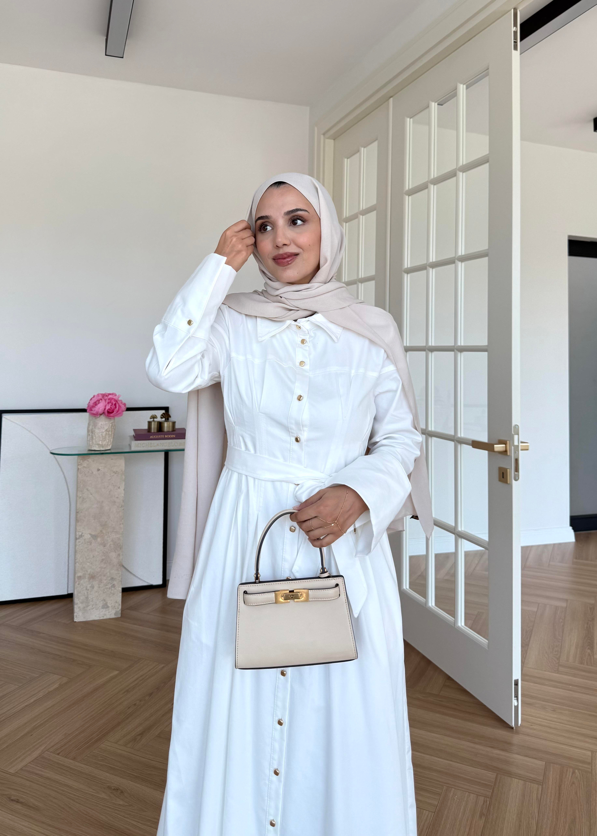 Dean Gold Düğmeli Elbise Ekru