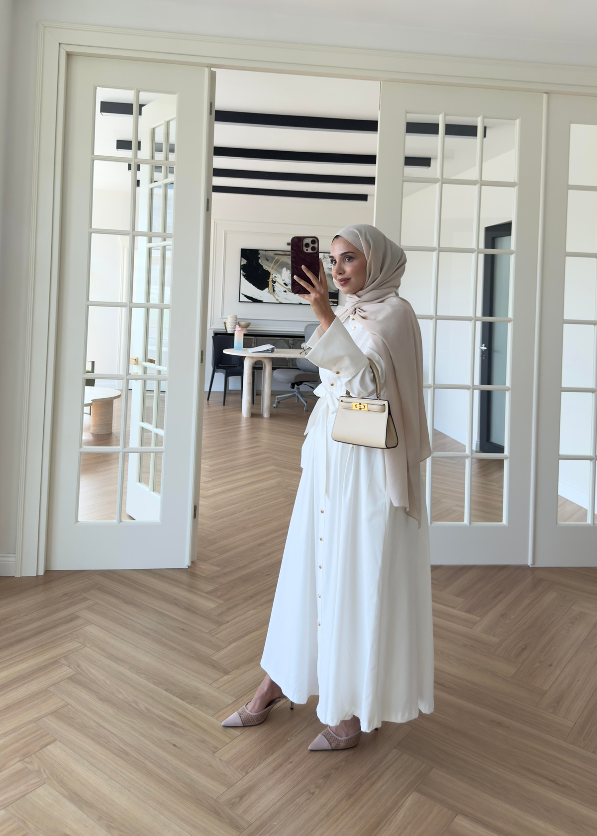 Dean Gold Düğmeli Elbise Ekru