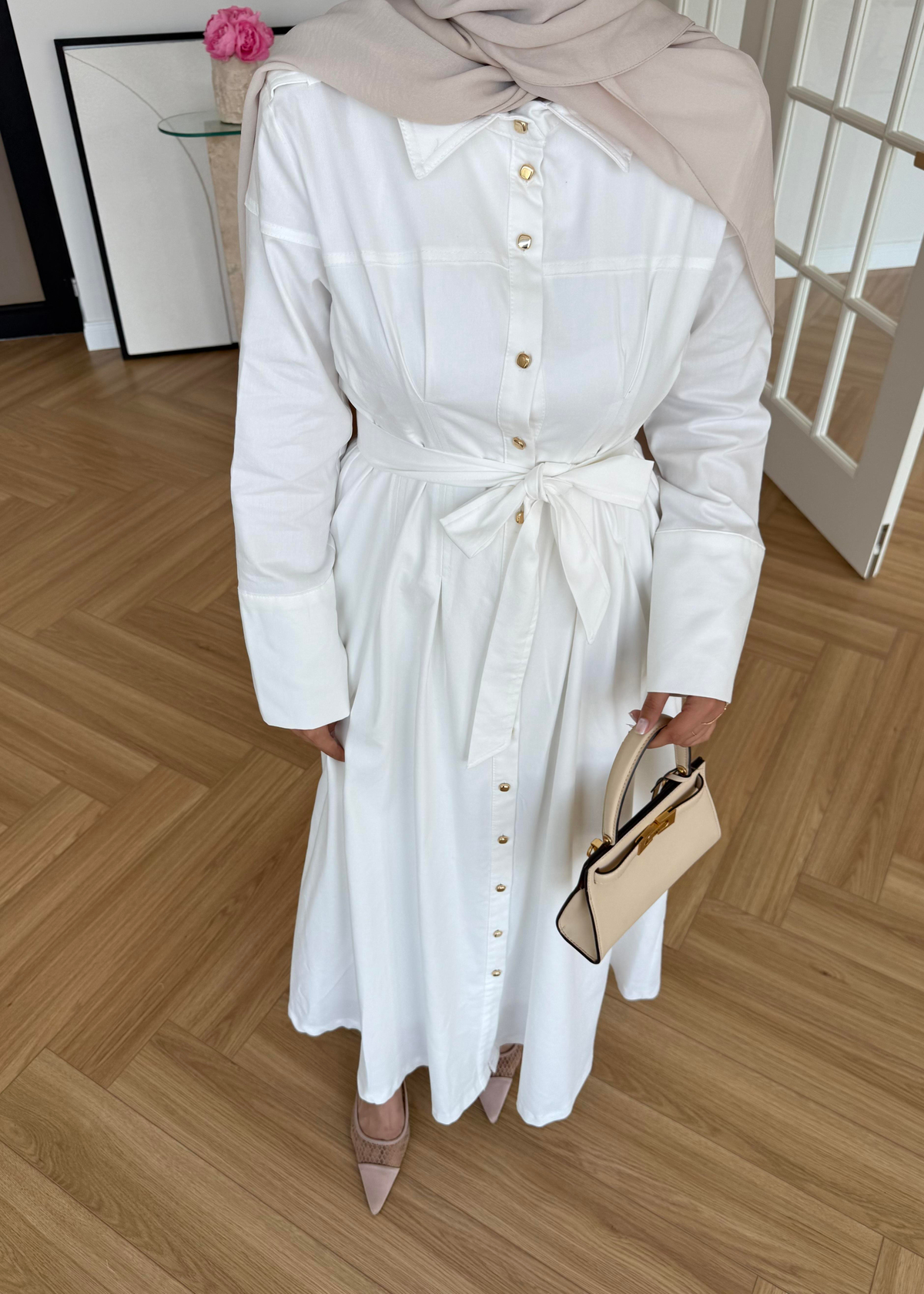 Dean Gold Düğmeli Elbise Ekru