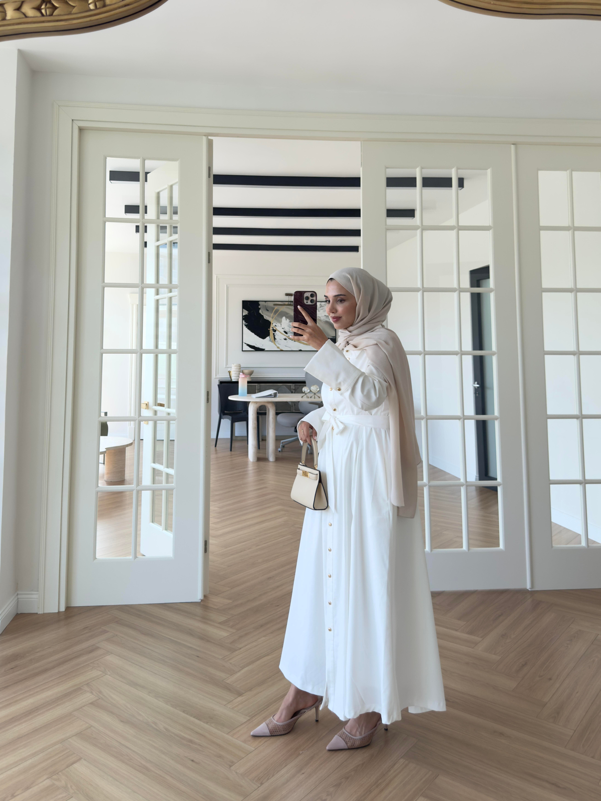 Dean Gold Düğmeli Elbise Ekru