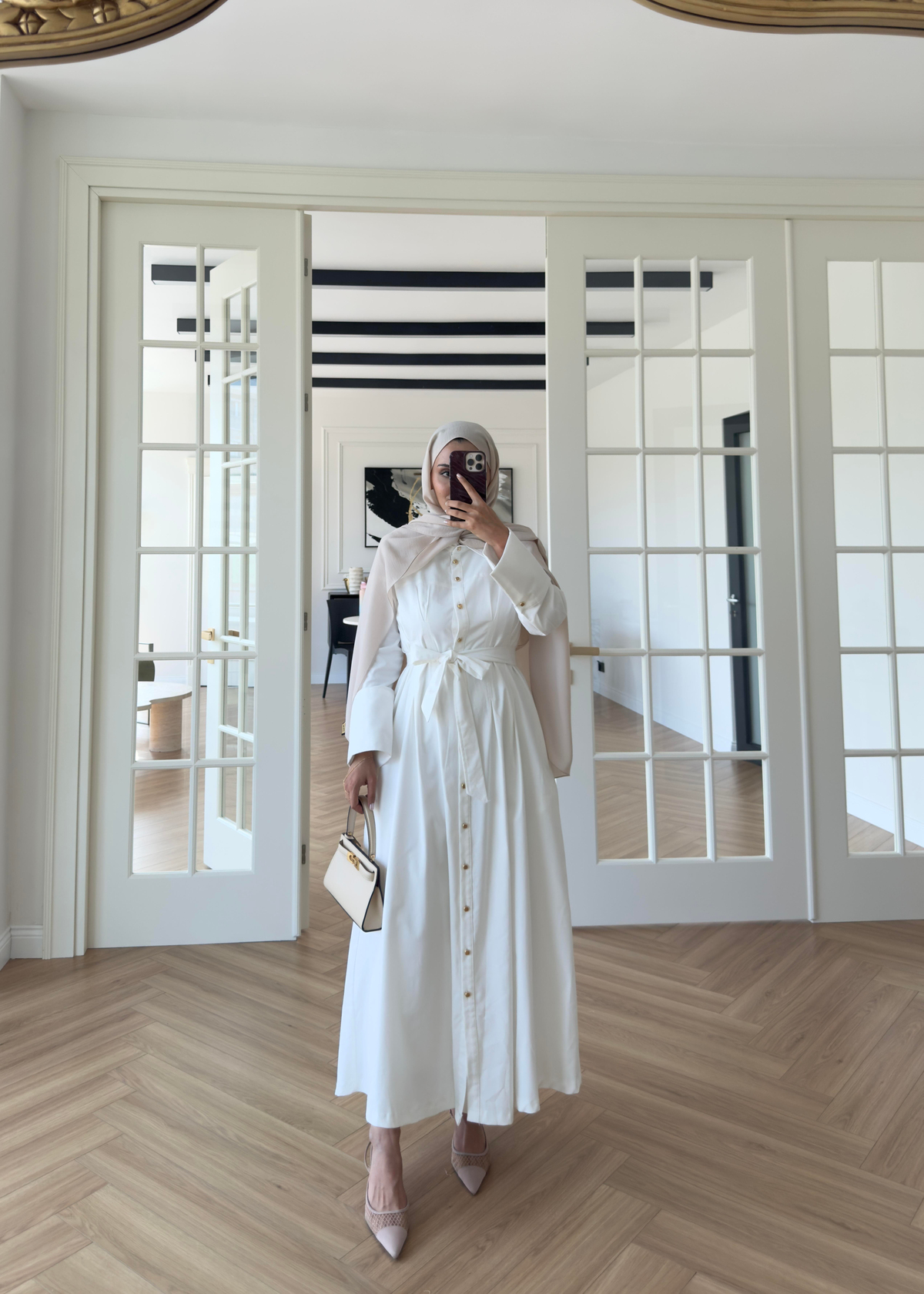 Dean Gold Düğmeli Elbise Ekru