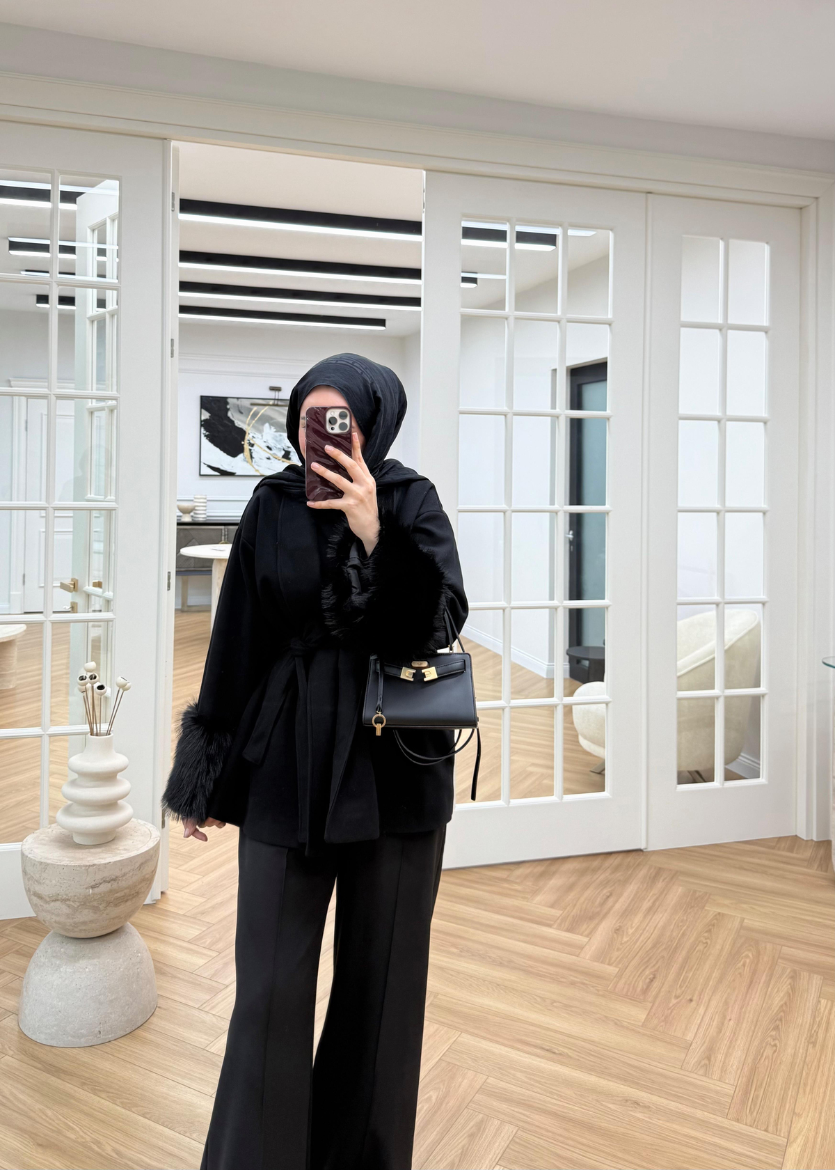 Defne Kaşe Kürklü Kaban Siyah
