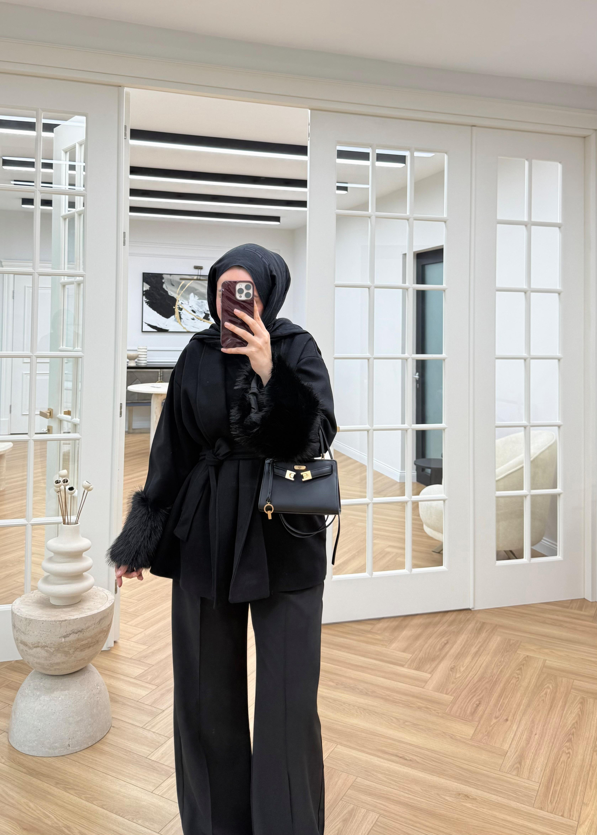 Defne Kaşe Kürklü Kaban Siyah