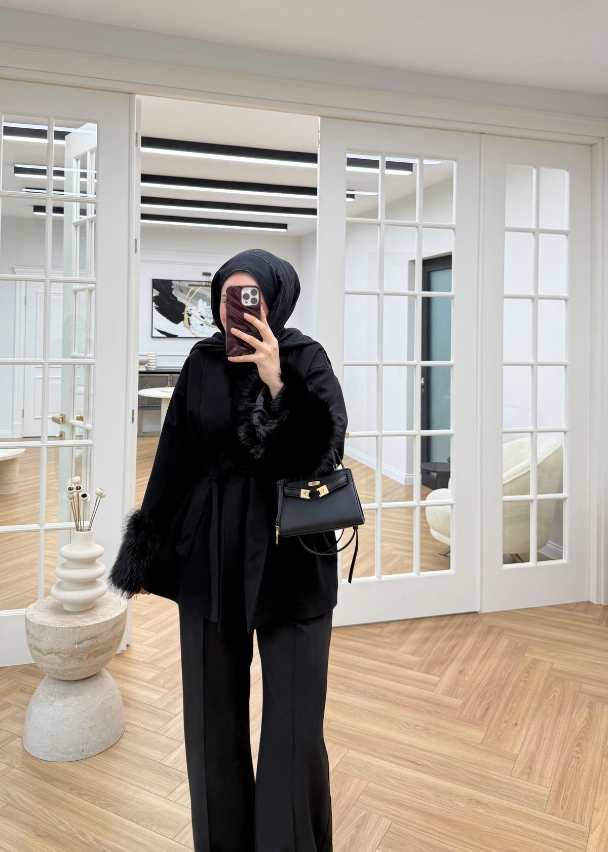 Defne Kaşe Kürklü Kaban Siyah