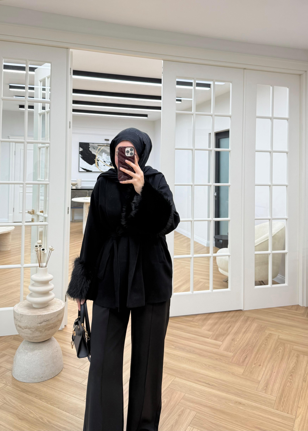 Defne Kaşe Kürklü Kaban Siyah