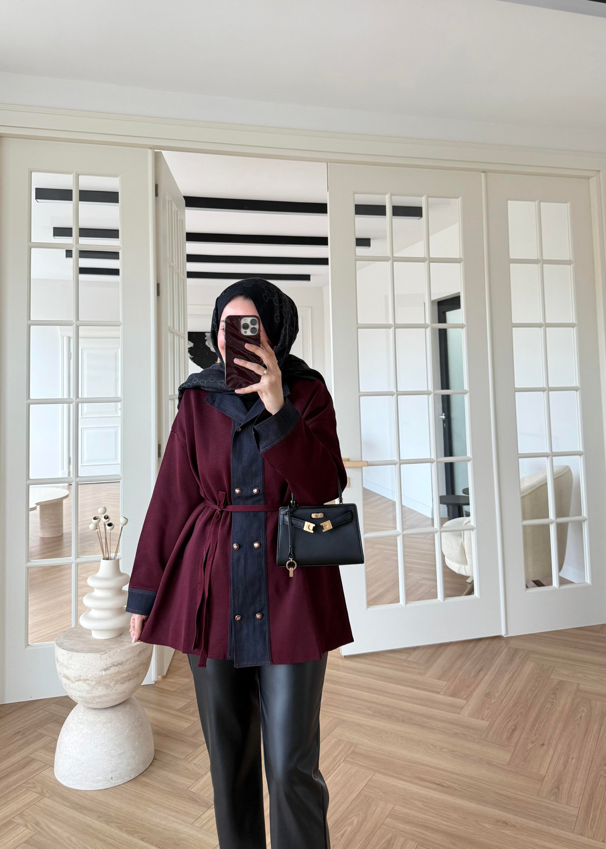 Denim Garnili Çelik Örme Hırka Bordo