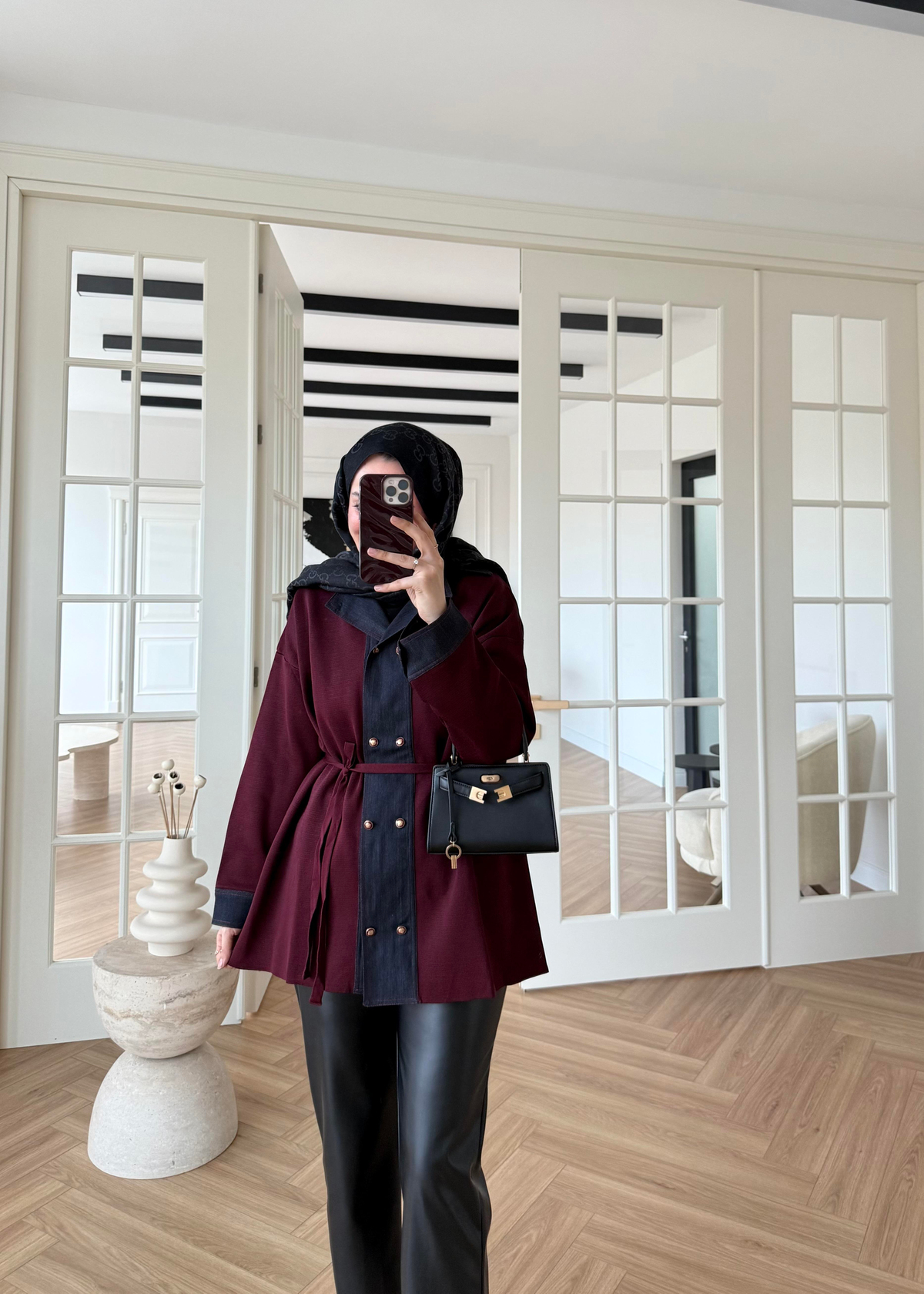 Denim Garnili Çelik Örme Hırka Bordo