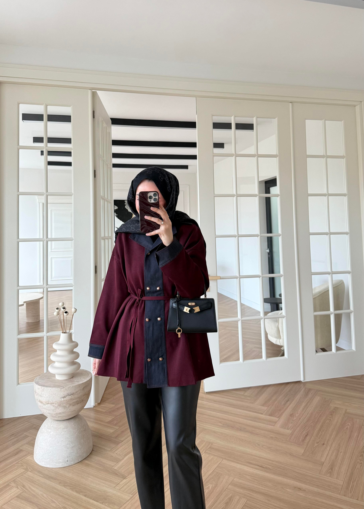 Denim Garnili Çelik Örme Hırka Bordo