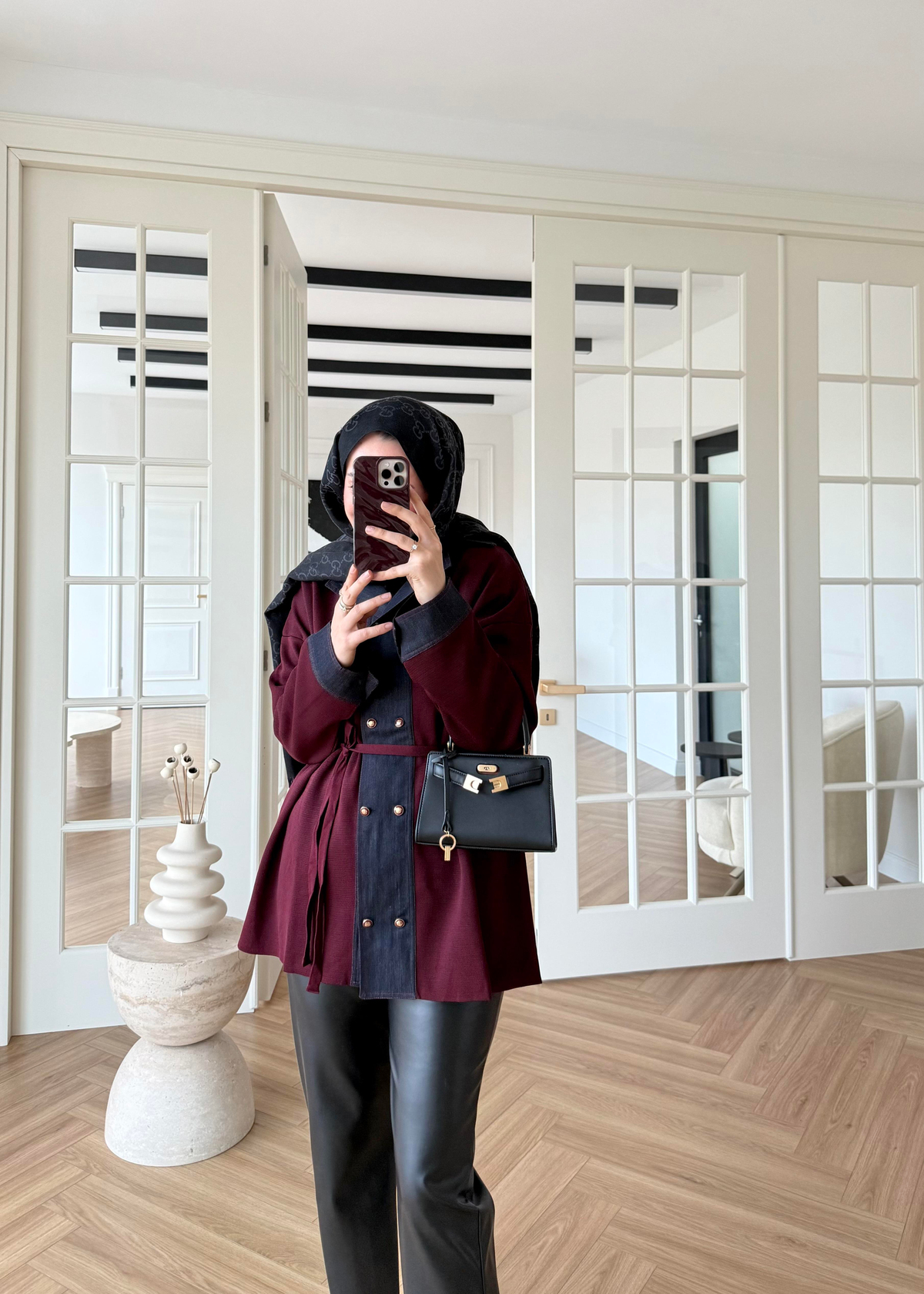 Denim Garnili Çelik Örme Hırka Bordo