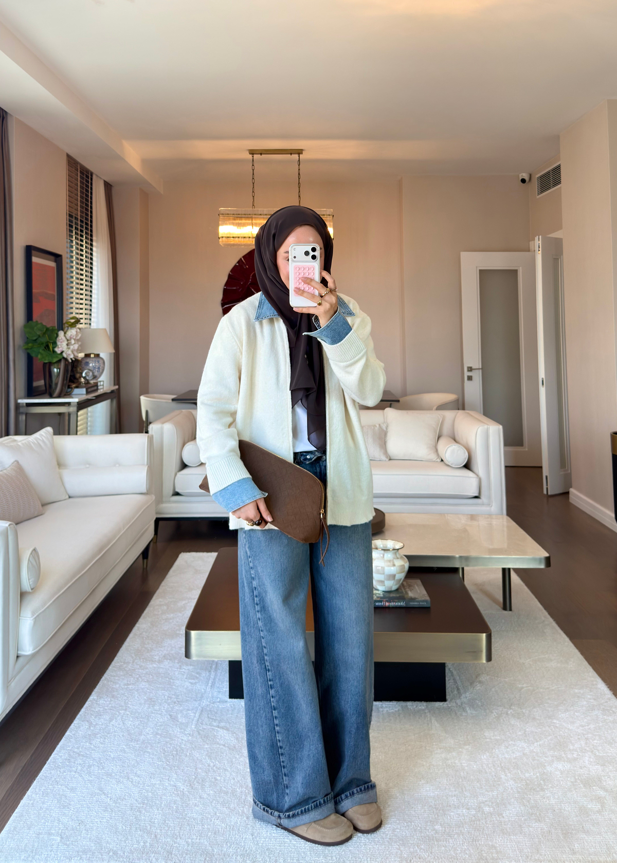 Denim Yaka Triko Kazak Ekru