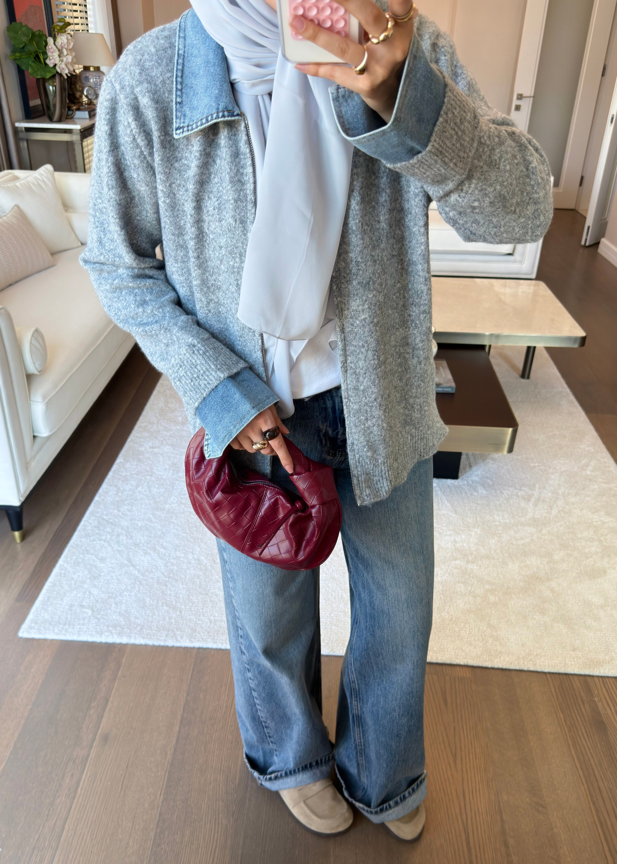 Denim Yaka Triko Kazak Gri