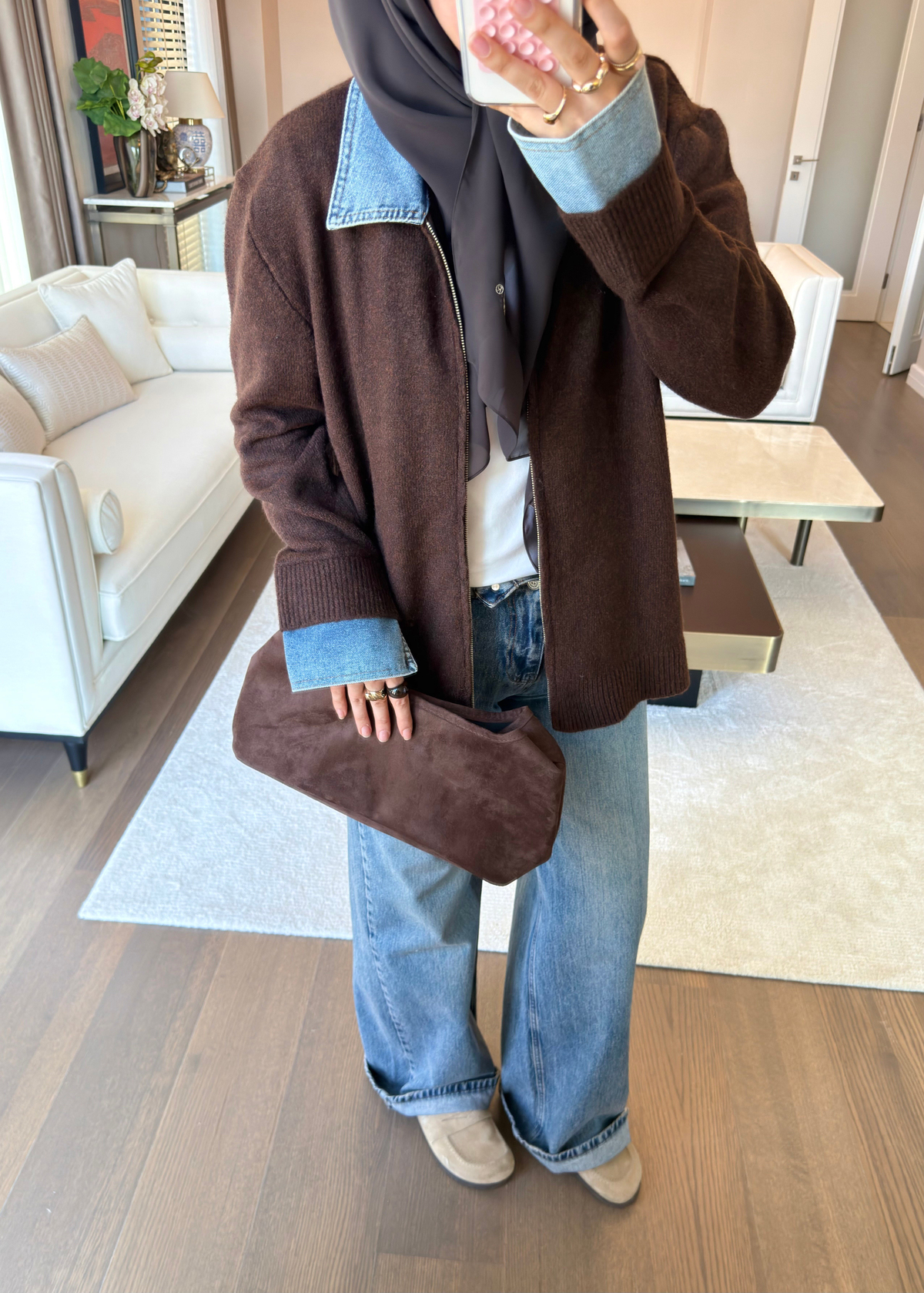 Denim Yaka Triko Kazak Kahverengi