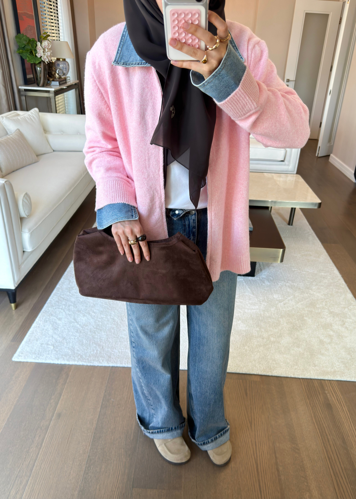 Denim Yaka Triko Kazak Pembe