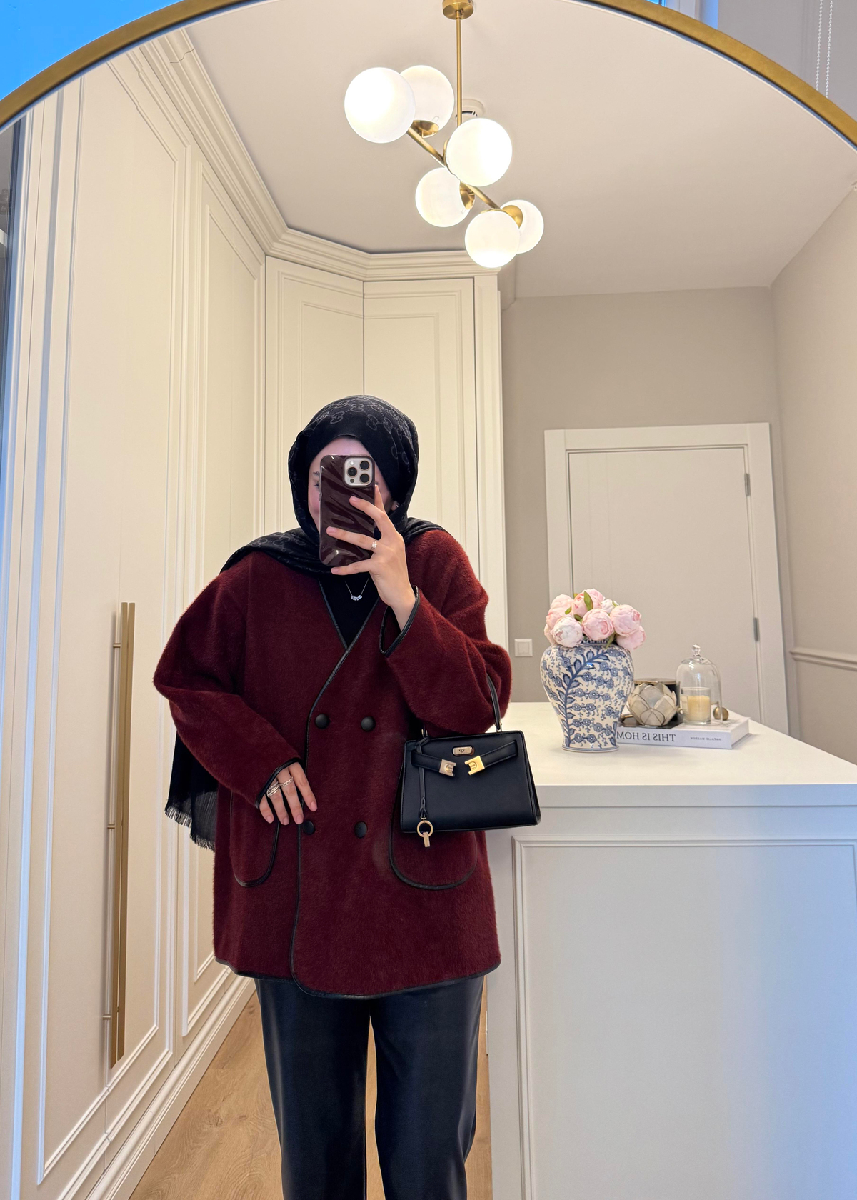 Deri Biyeli Angora Hırka Bordo