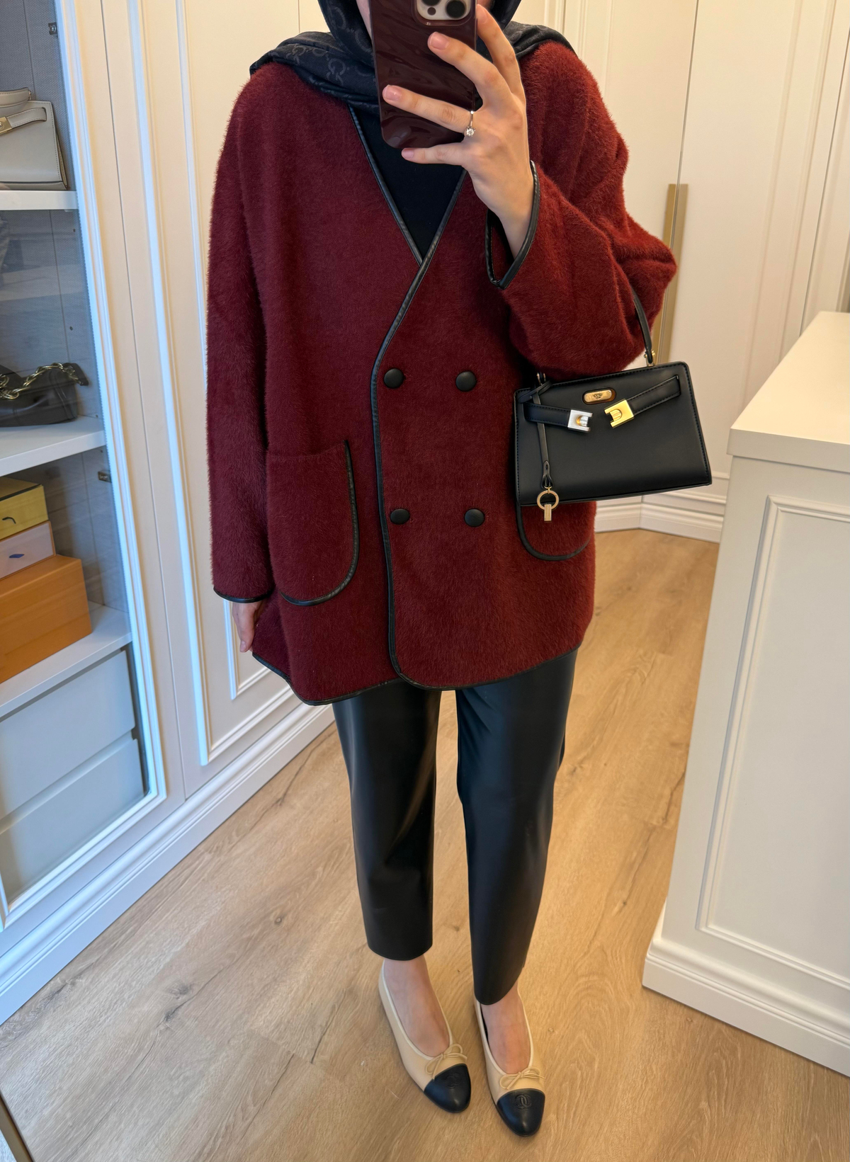 Deri Biyeli Angora Hırka Bordo